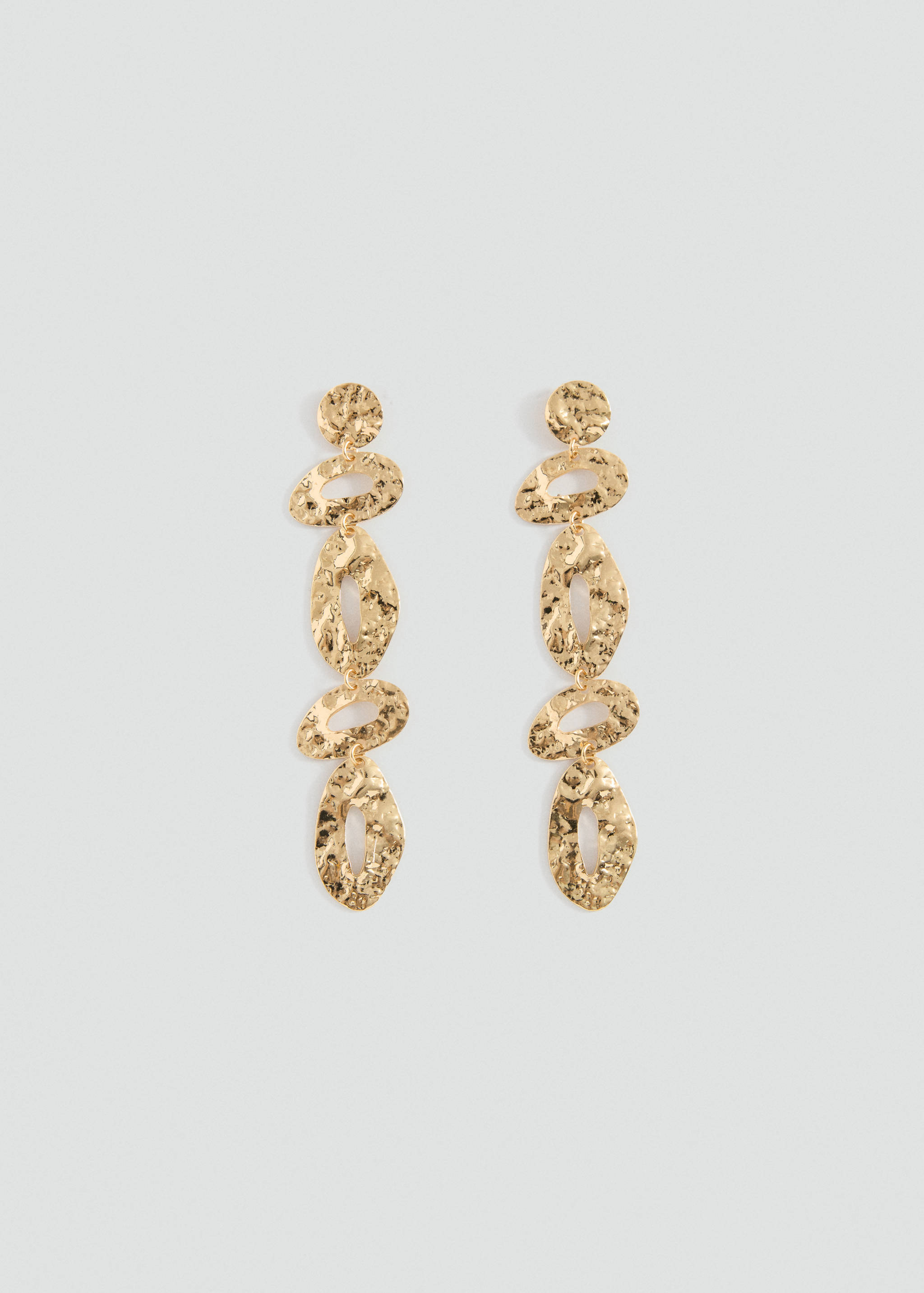 Gold-toned hammered drop earrings with linked textured organic shapes.