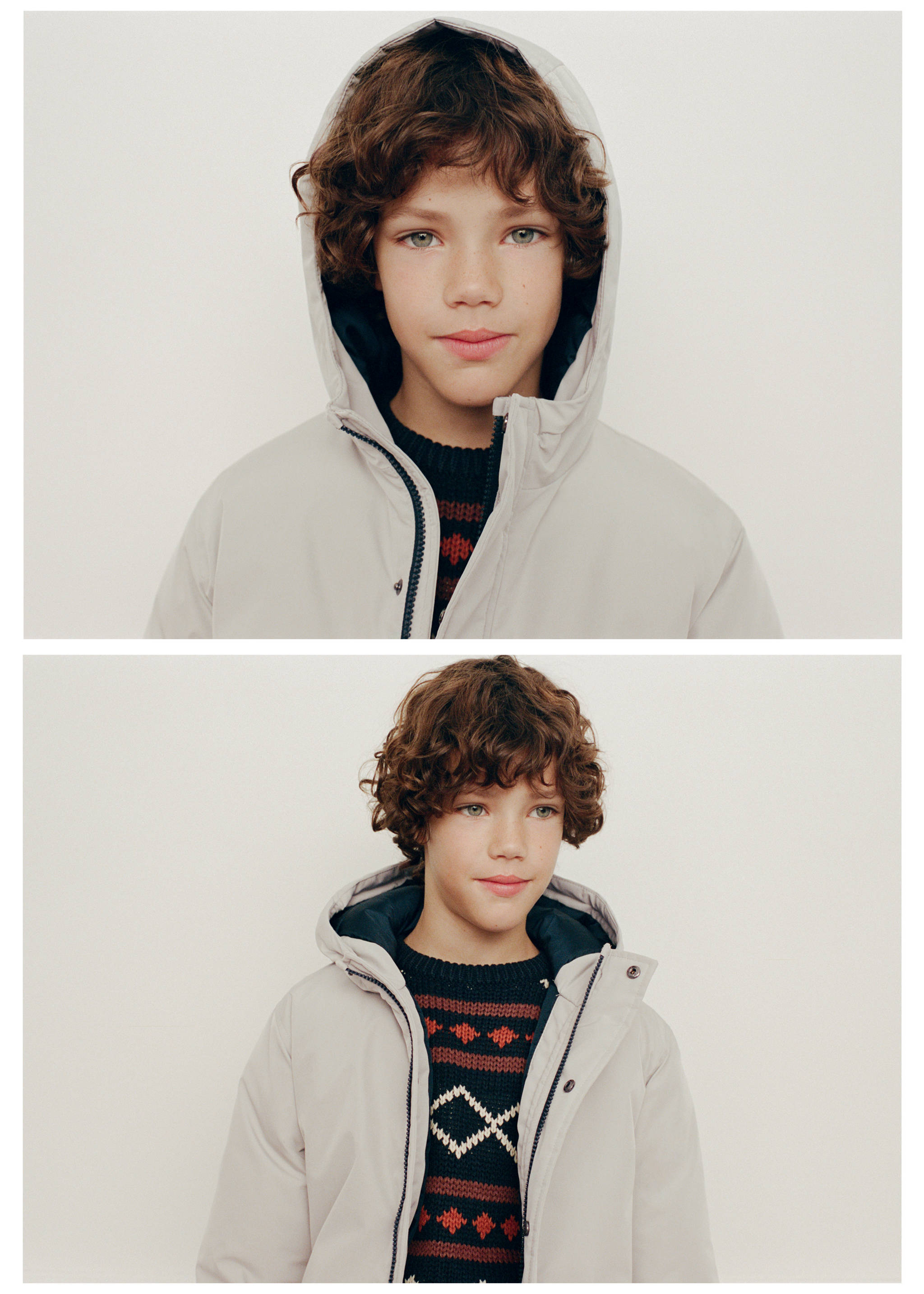 A boy wearing a light grey anorak with hood over a patterned sweater, shown in a two-part view., Light/Pastel Grey. Ref: 37079127-00.