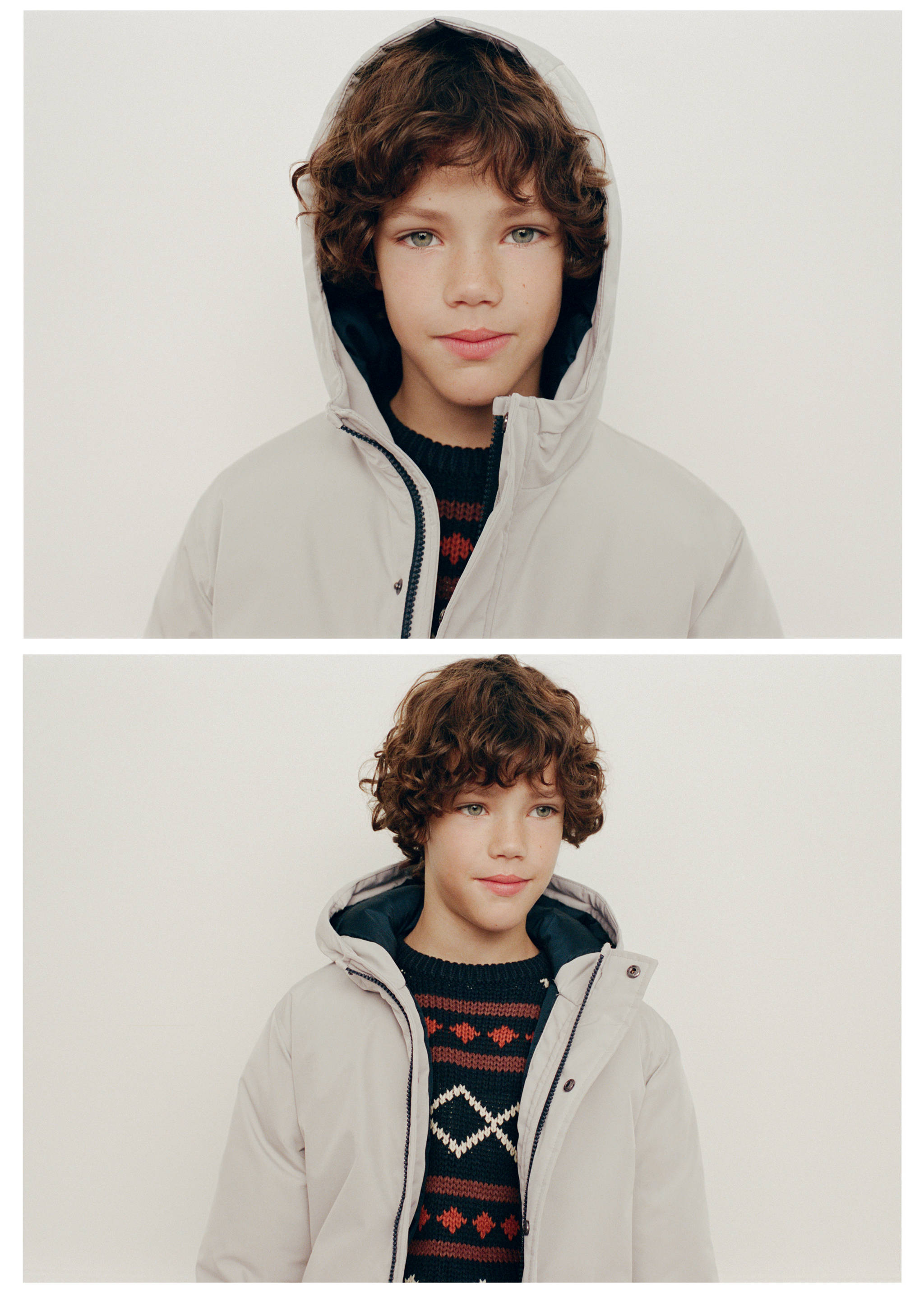 A boy wearing a light grey anorak with hood over a patterned sweater, shown in a two-part view.