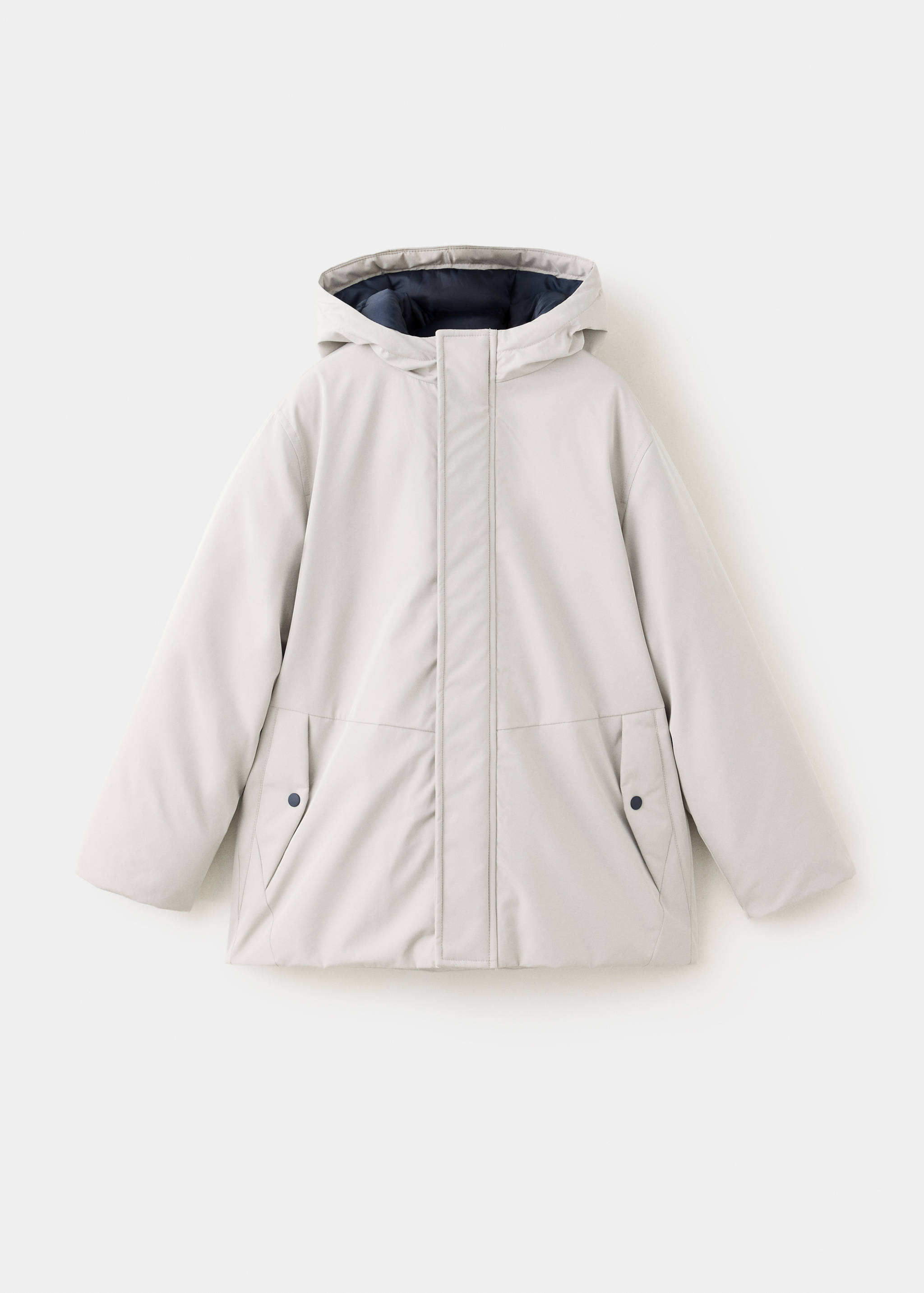Light grey kids' anorak jacket with a hood, concealed zip fastening, and snap-button pockets.