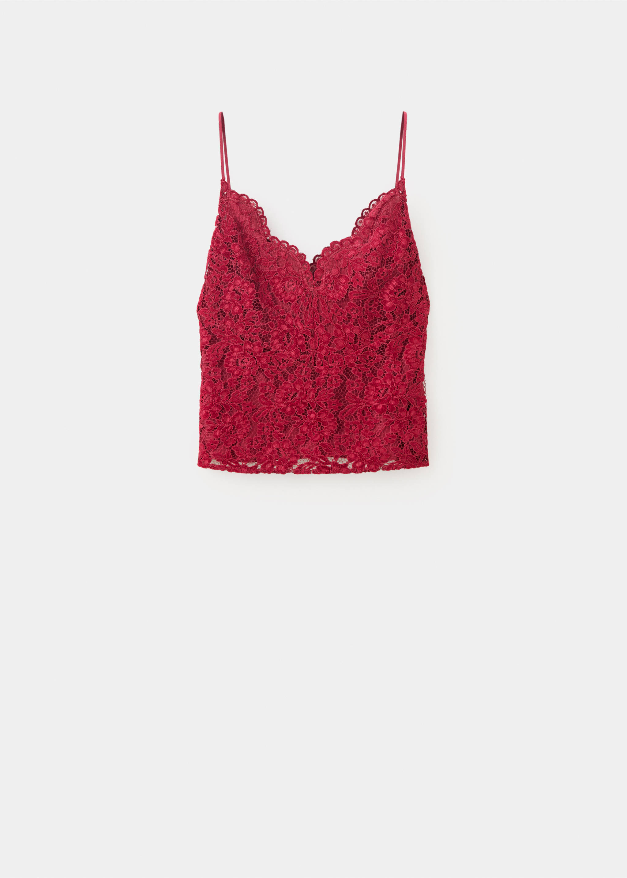 Red lace camisole top with thin straps and a scalloped V-neck., Red. Ref: 37079129-00.