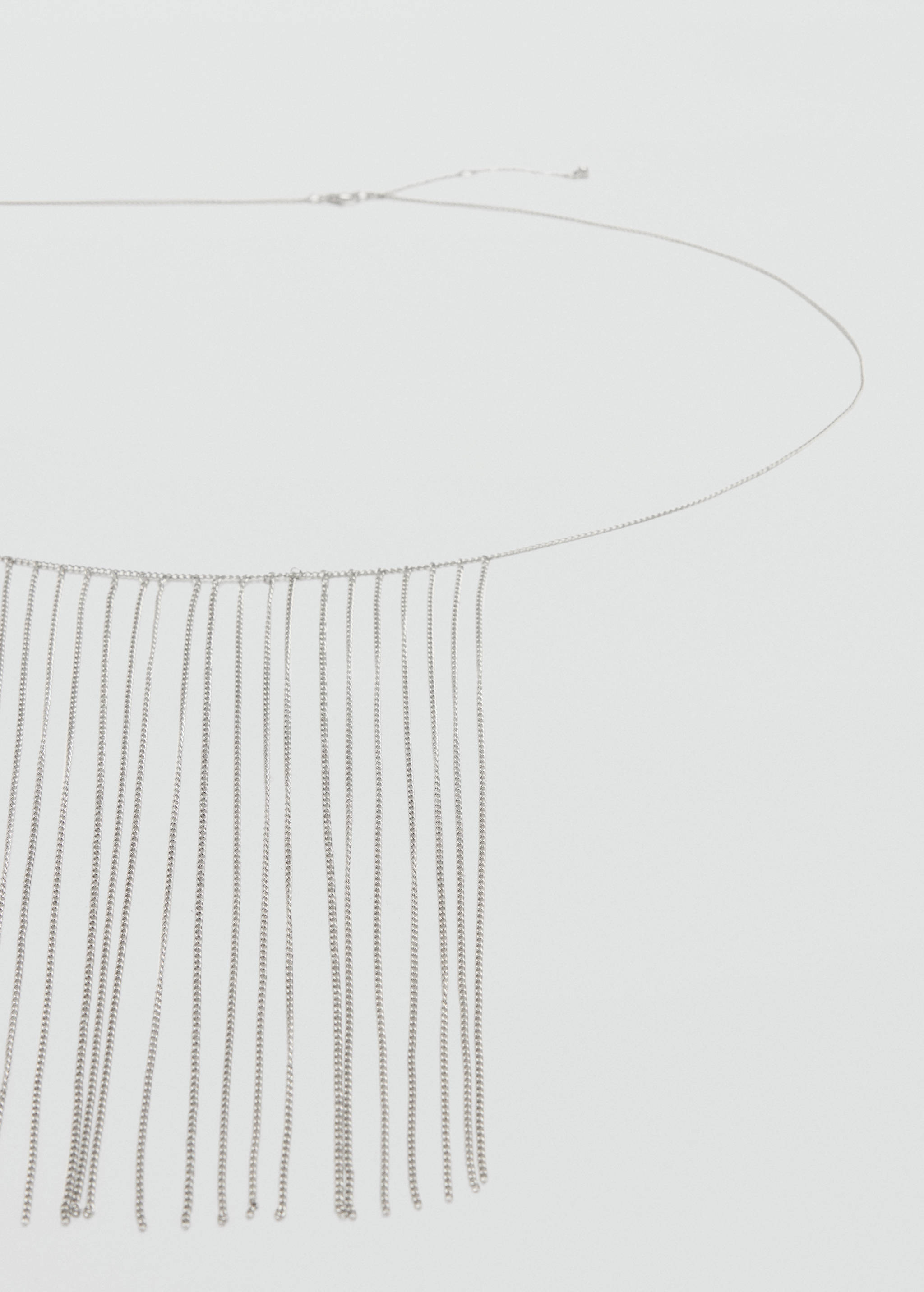 Silver-toned metal chain belt with dangling fringe details.