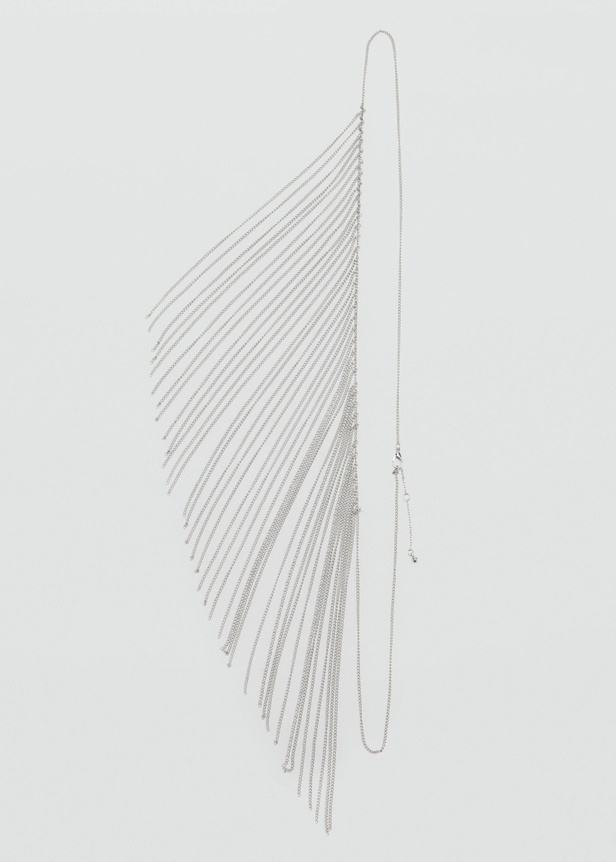 Silver-toned chain belt with a cascading fringe of fine metal chains.
