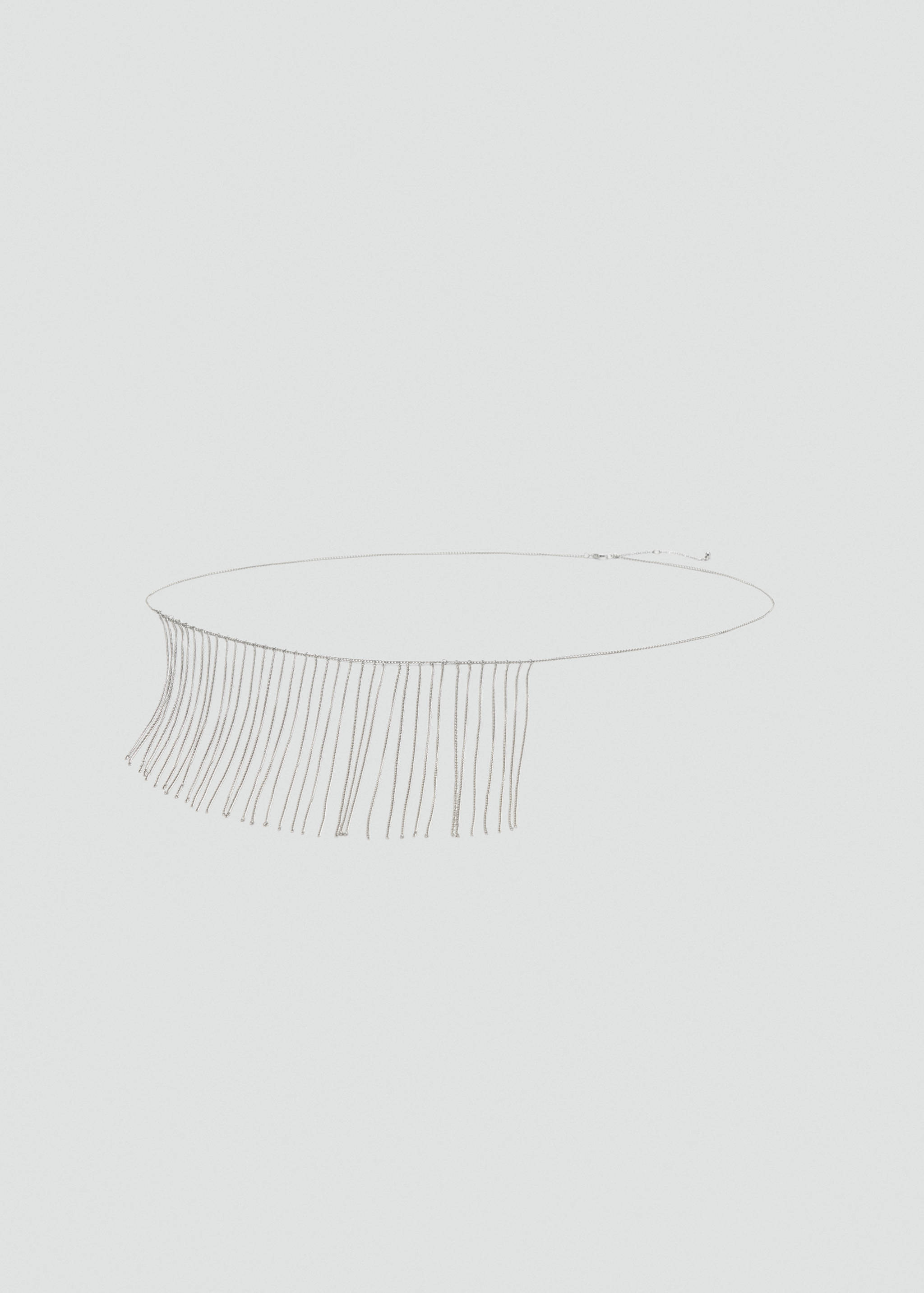 Silver chain belt with a delicate hanging fringe detail.