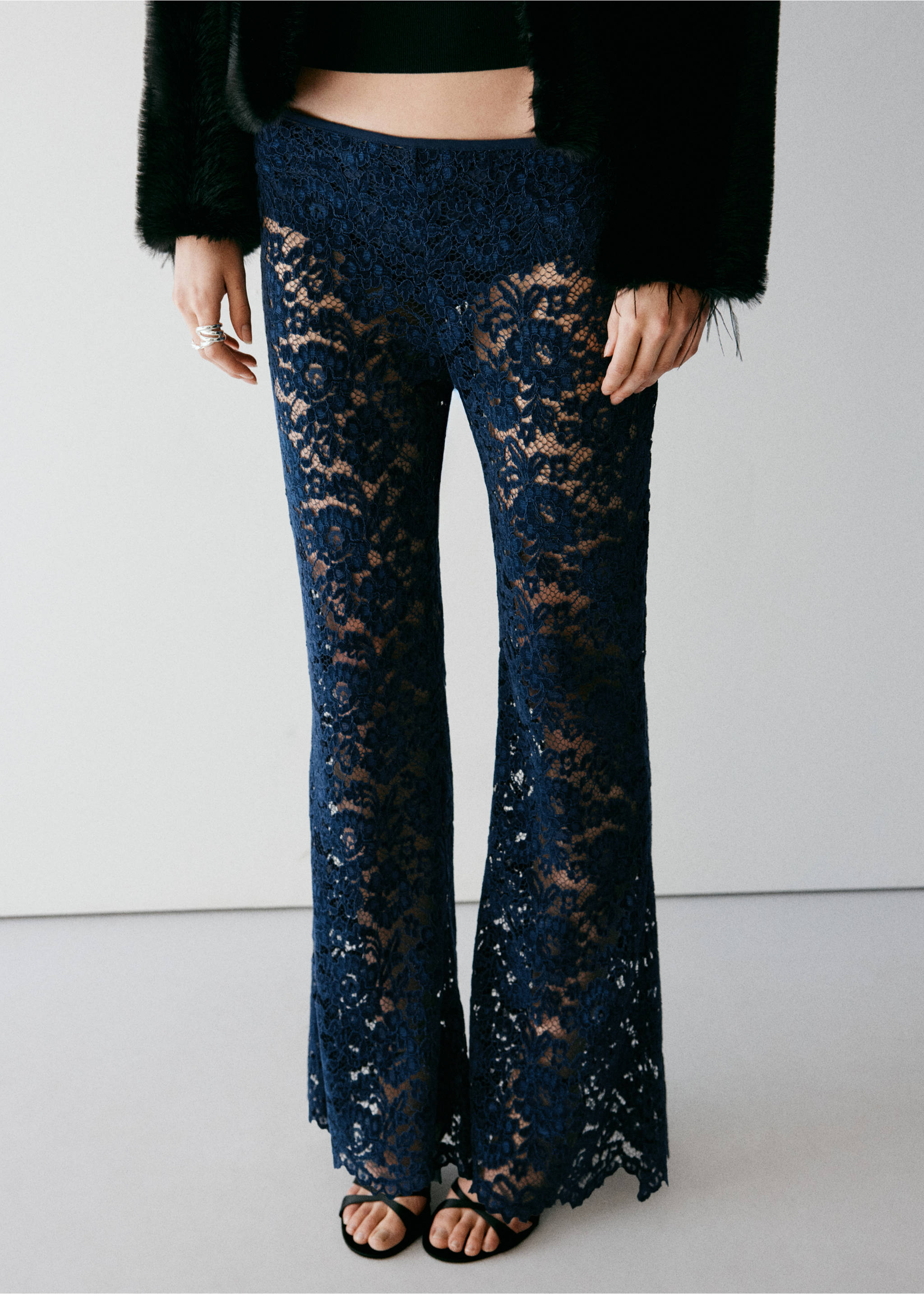 Dark blue lace trousers in a fitted sheer floral pattern., Navy. Ref: 37079132-00.