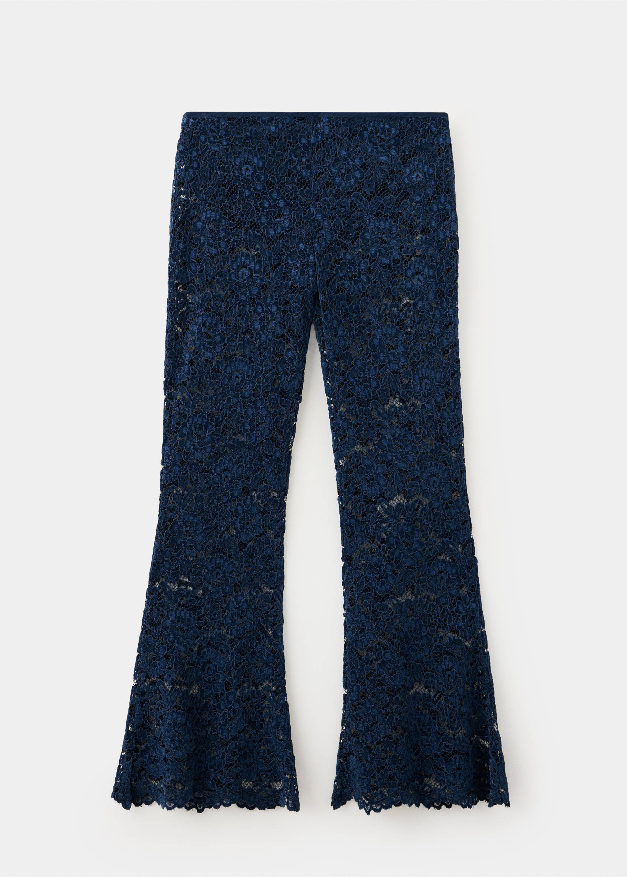 Dark blue lace flare trousers with a semi-sheer floral pattern., Navy. Ref: 37079132-00.
