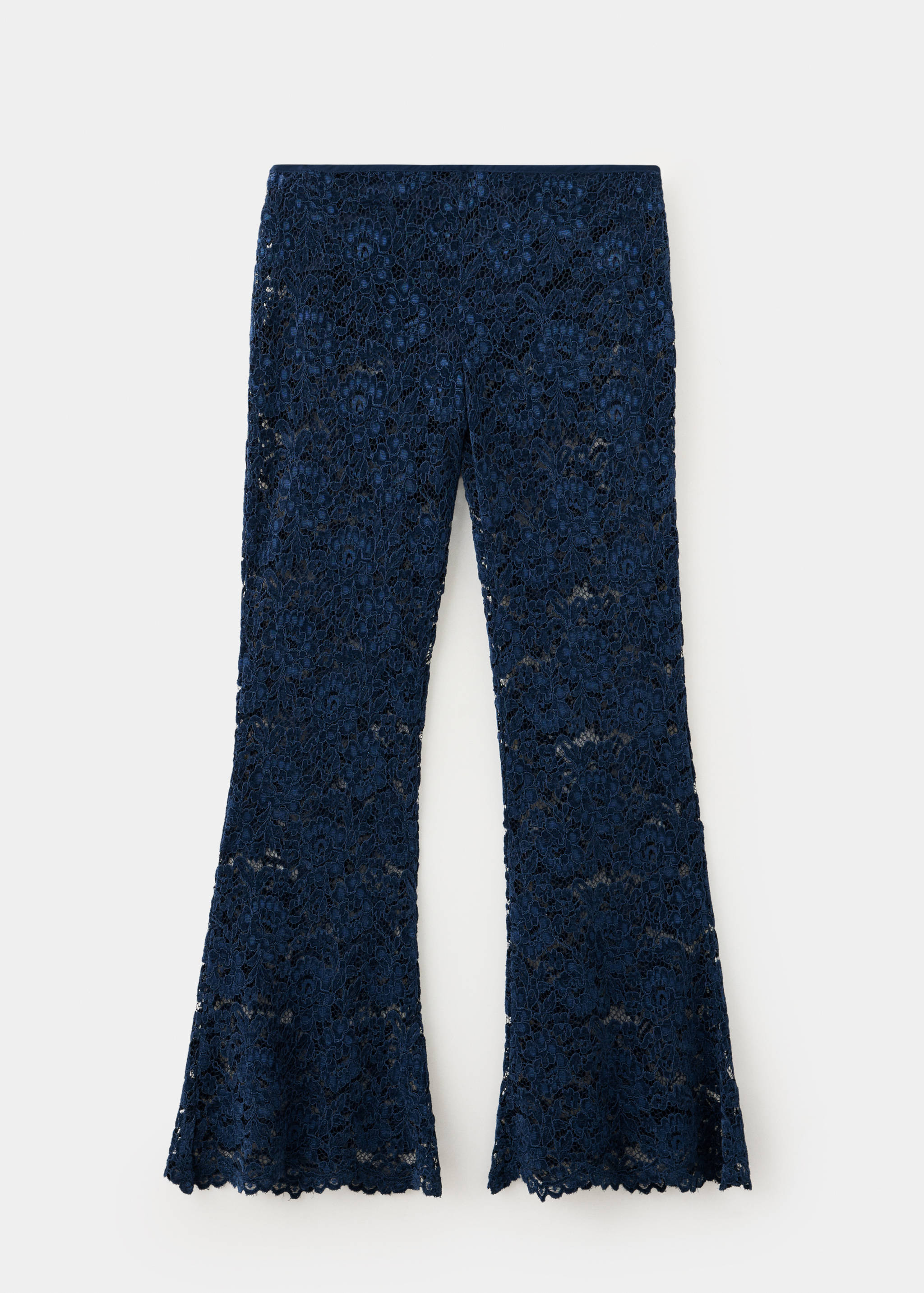 Dark blue lace flare trousers with a semi-sheer floral pattern.