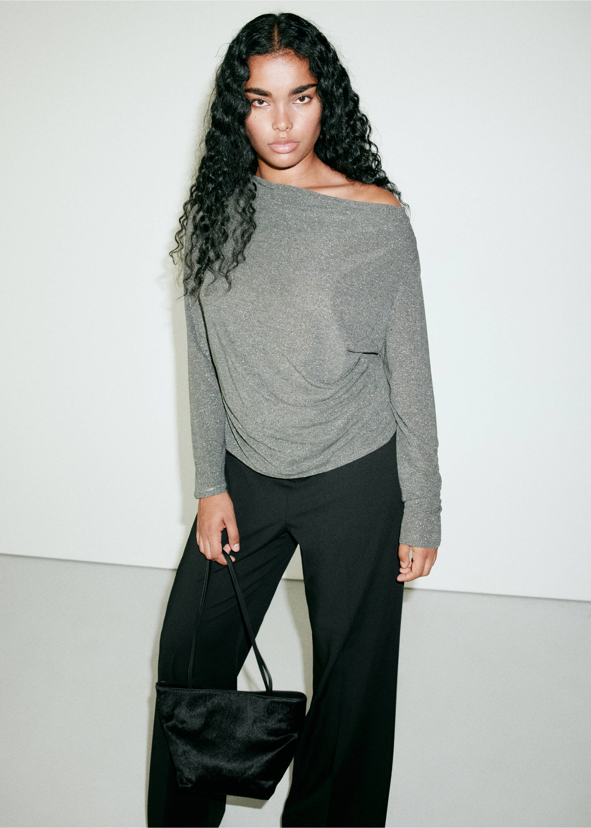 Grey asymmetric off-the-shoulder metallic blouse with long sleeves., Grey. Ref: 37079133-00.