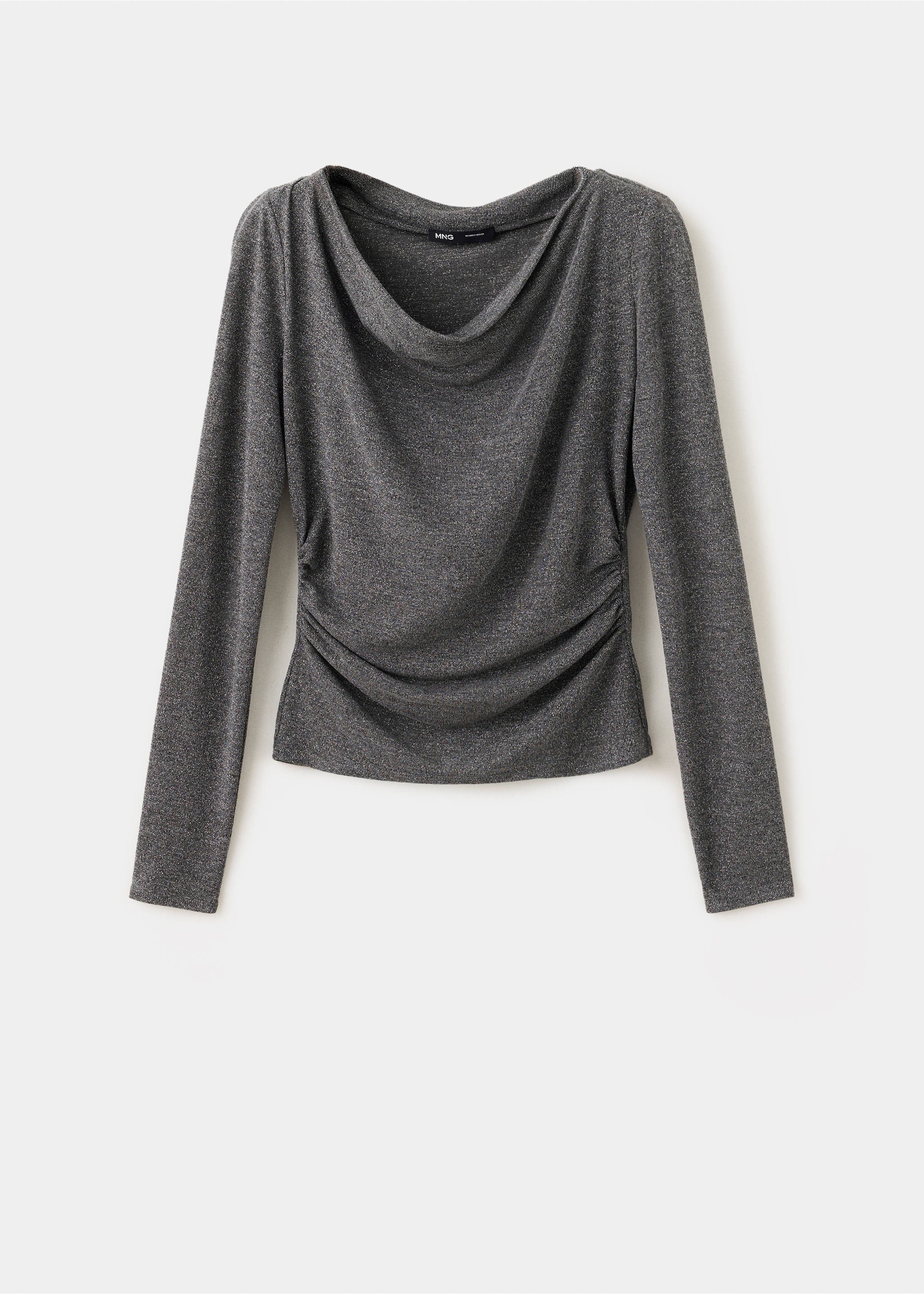 Dark grey speckled long-sleeved blouse with a cowl neckline and side ruching., Grey. Ref: 37079133-00.