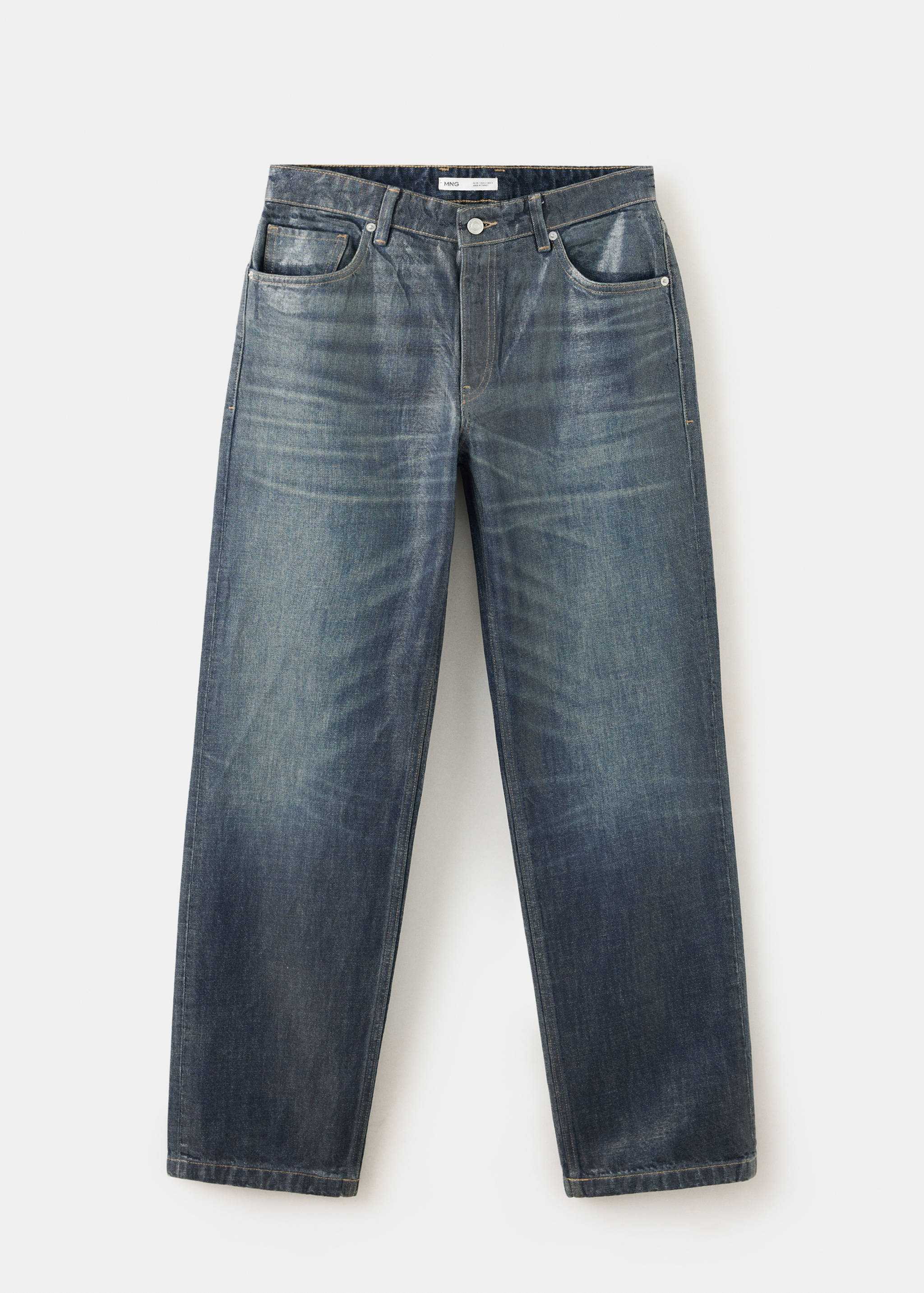 Blue denim trousers with a mid-rise waist and subtle faded wash.
