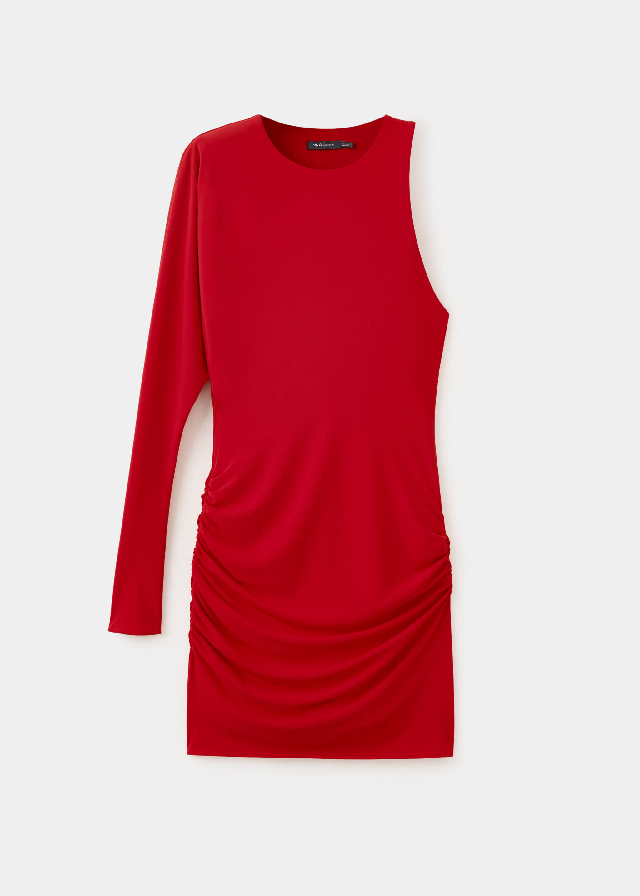 Red asymmetric dress with one long sleeve and side ruching., Red. Ref: 37079140-00.