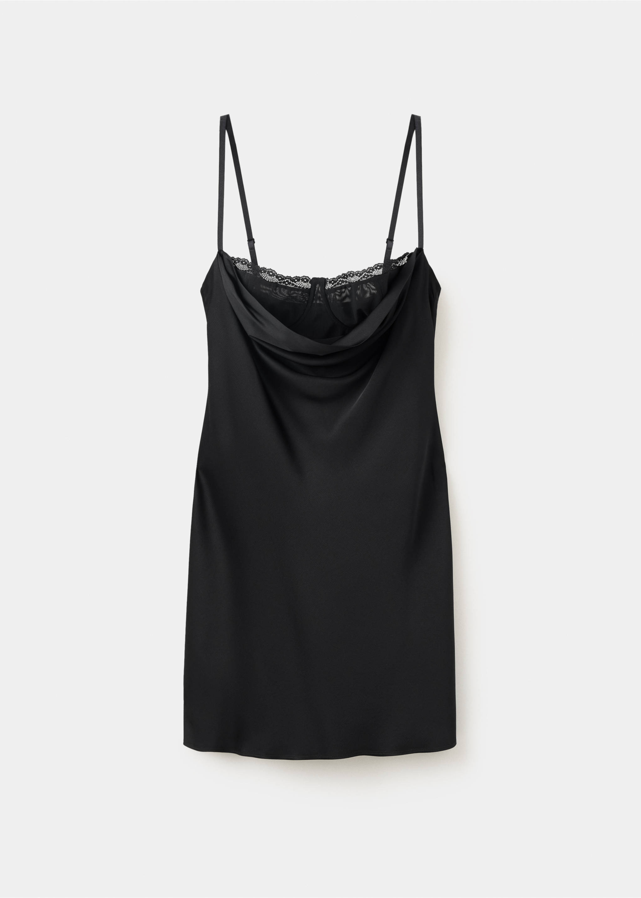 Black satin slip dress with thin straps, cowl neck and lace trim., Black. Ref: 37079142-00.