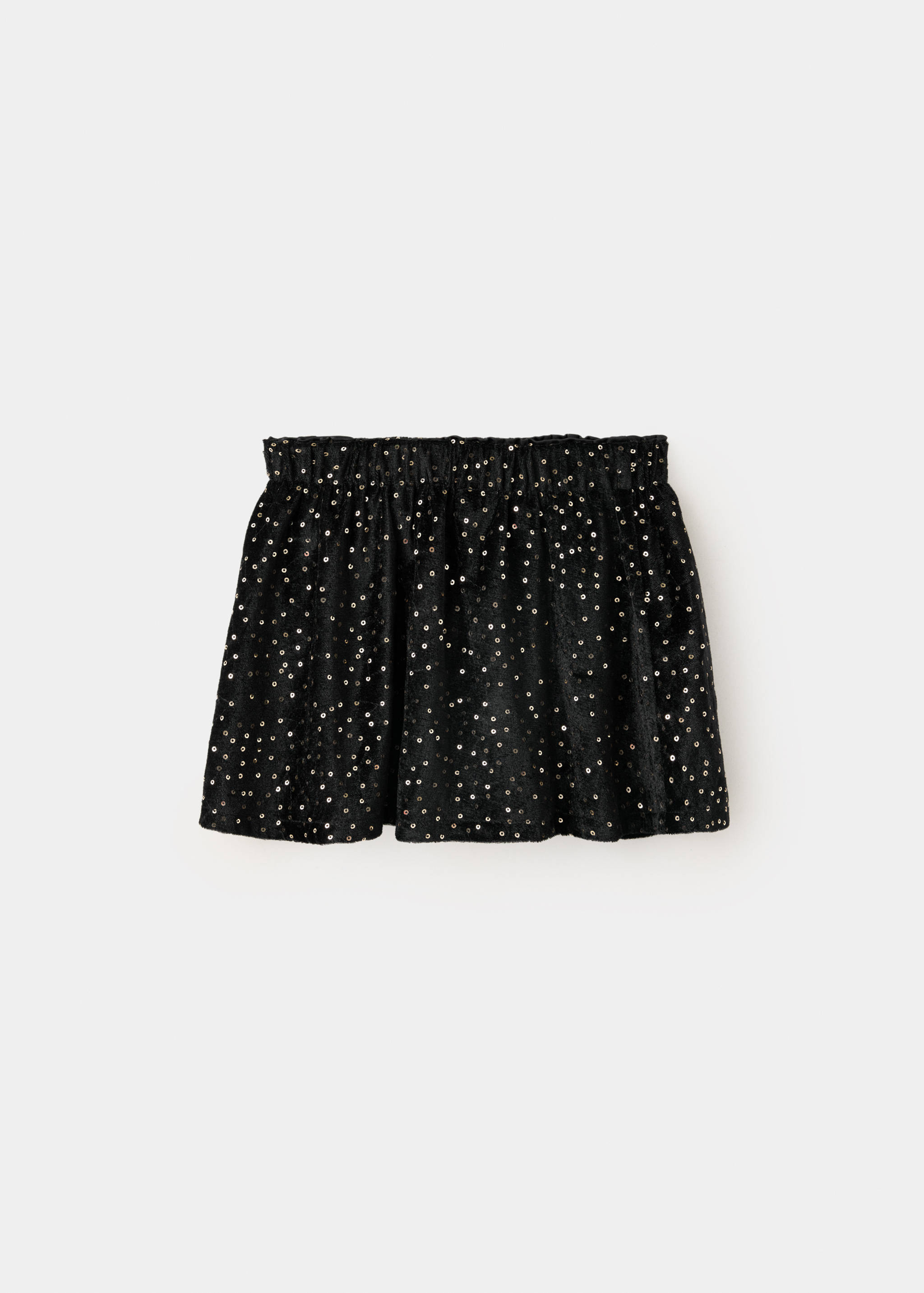 Black sequin skirt with an elasticated waistband, shown from the back.