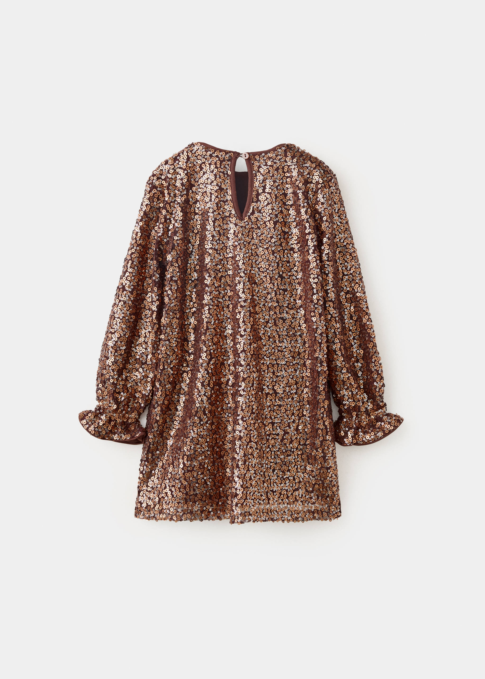 Back view of a bronze sequin dress with long ruffled-cuff sleeves.