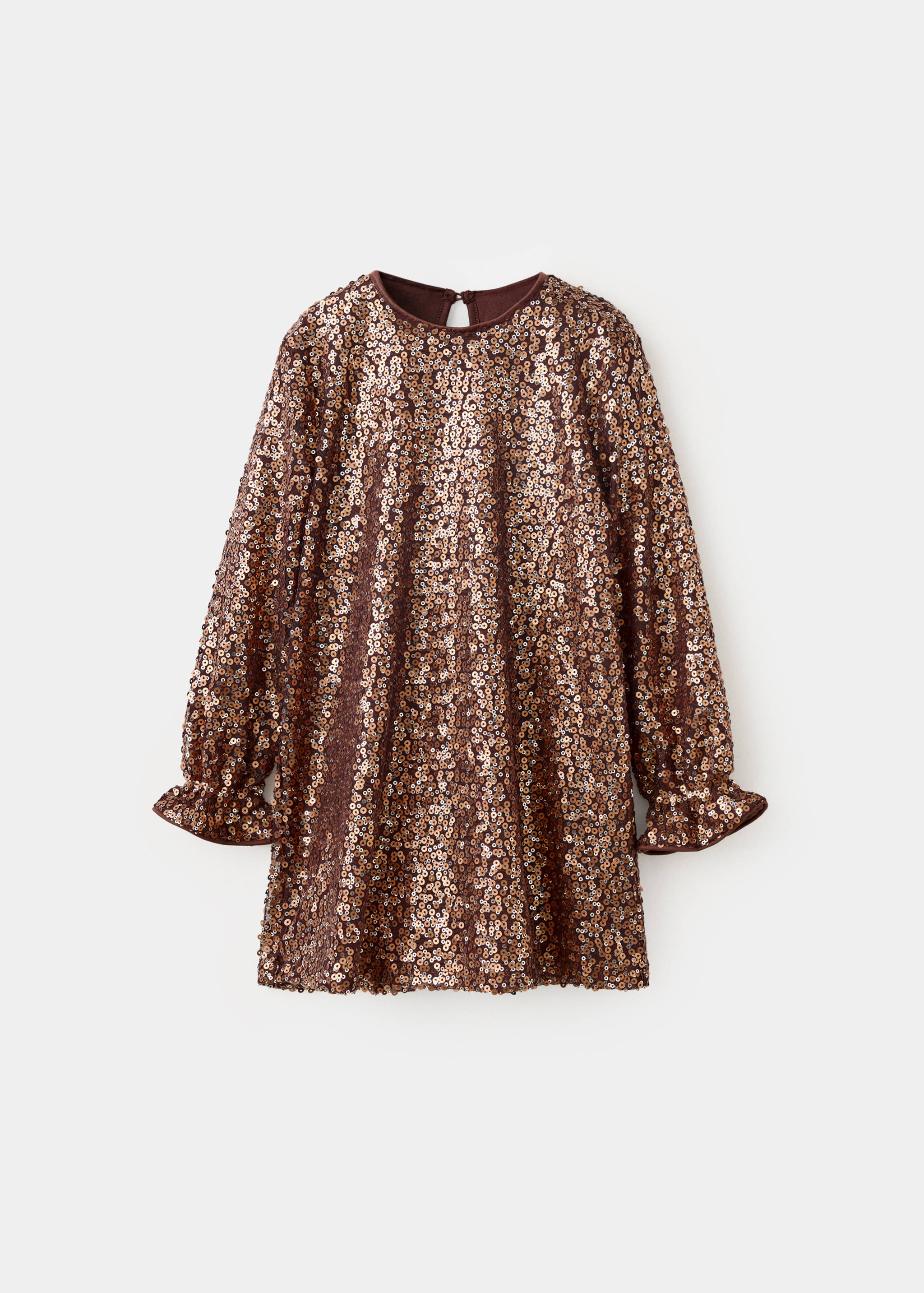 Bronze sequin dress with long sleeves and ruffled cuffs.