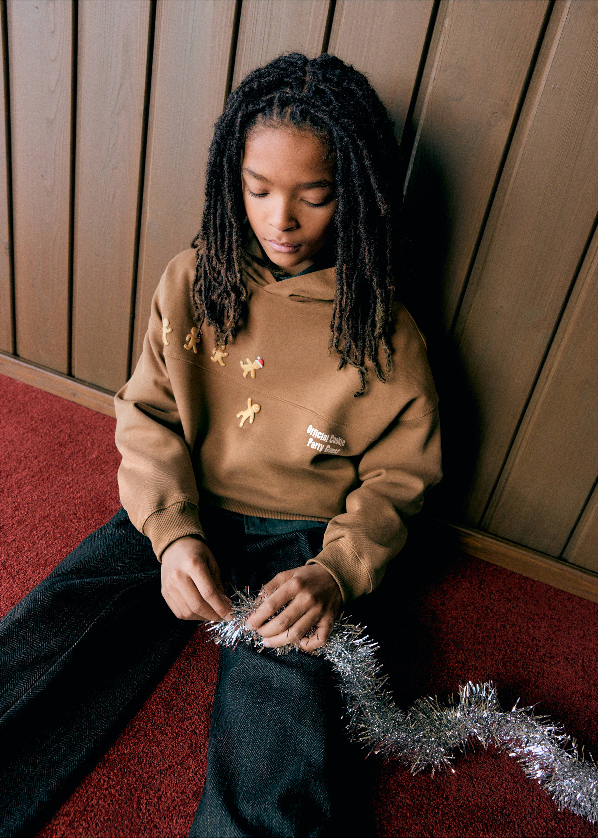 Brown gingerbread man embroidered hoodie with text and hood., Caramel. Ref: 37079213-00.