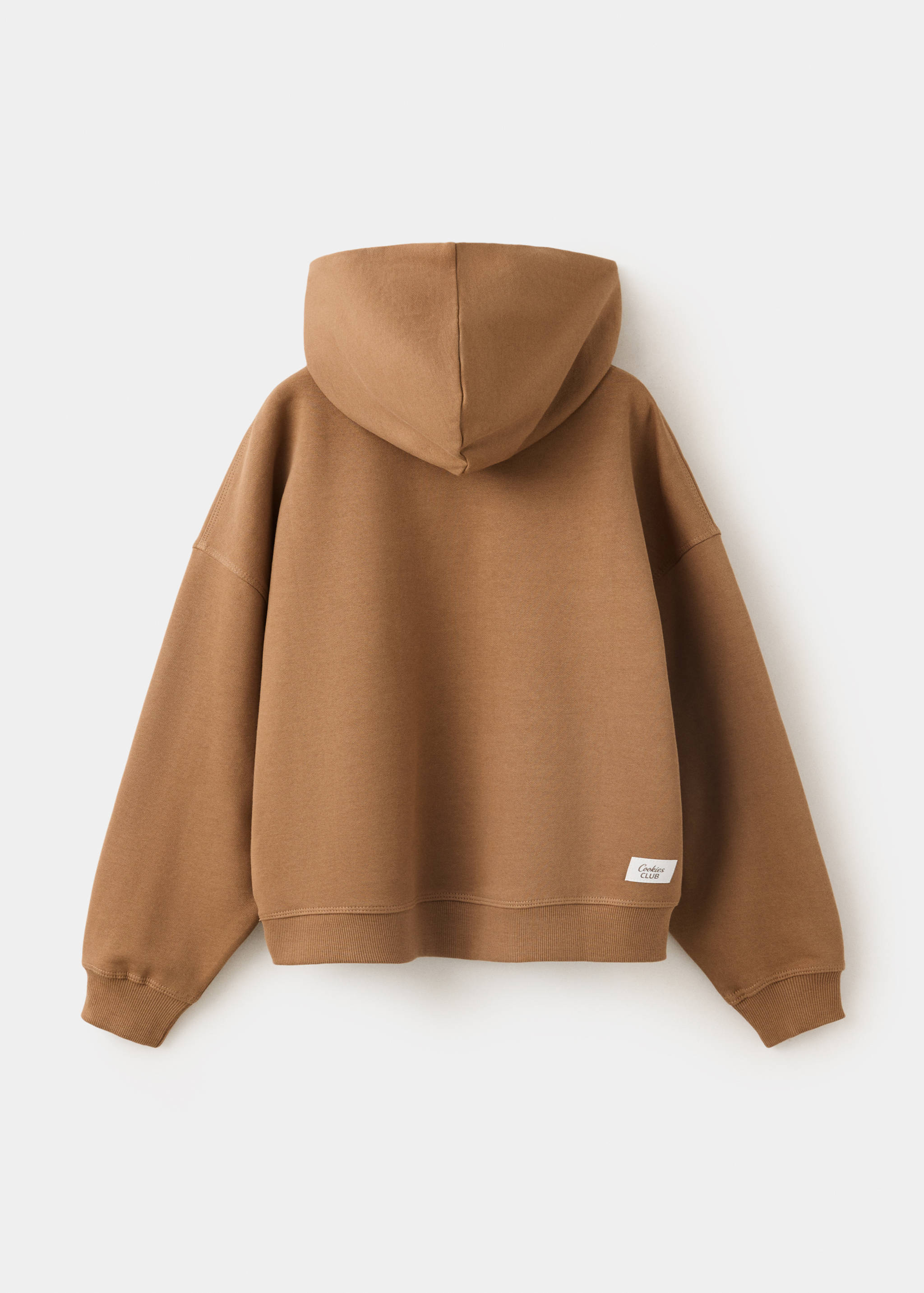 Back view of a camel-brown hooded sweatshirt with a small label.