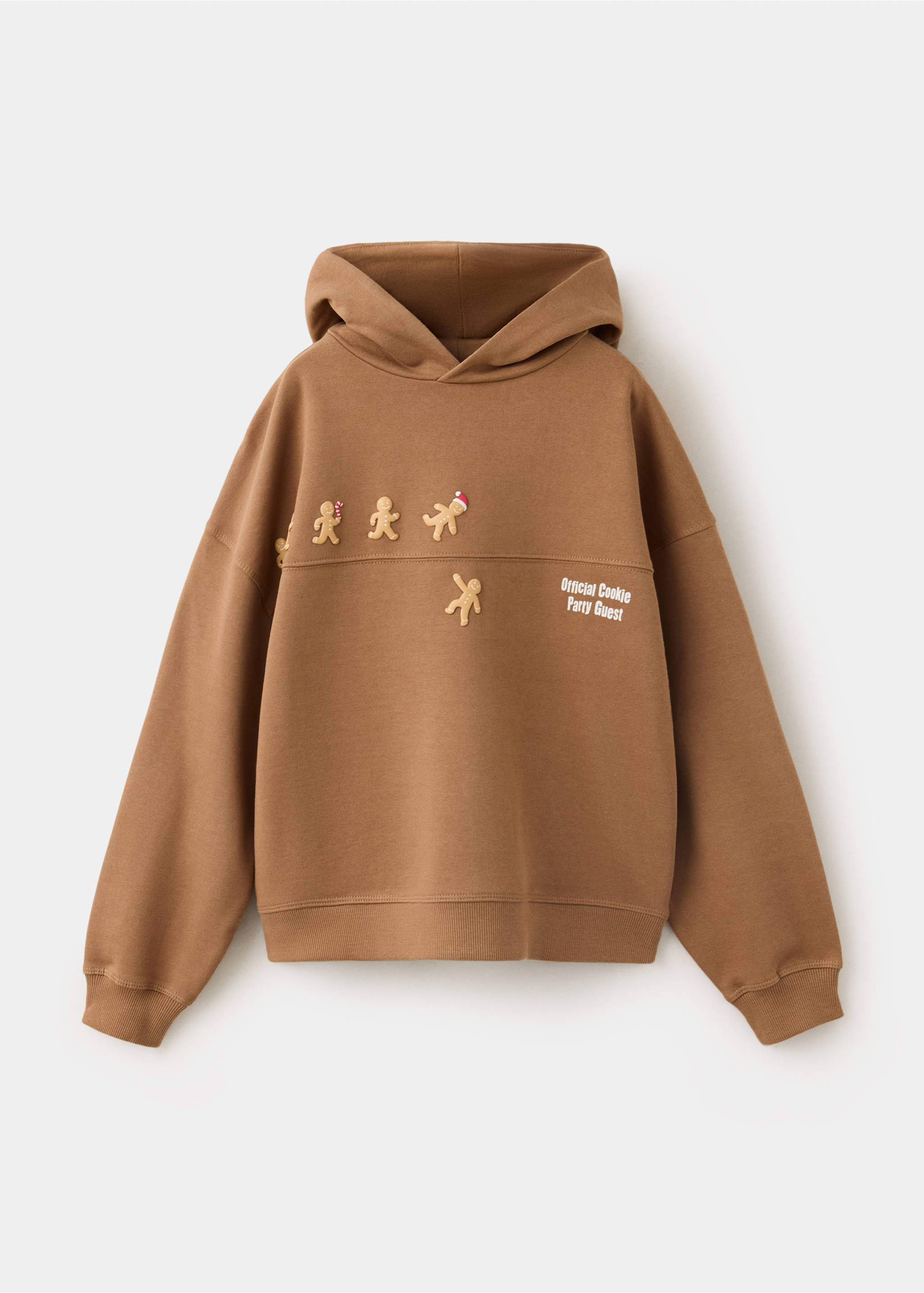 Brown kids' hoodie with gingerbread appliqués and text., Caramel. Ref: 37079213-00.