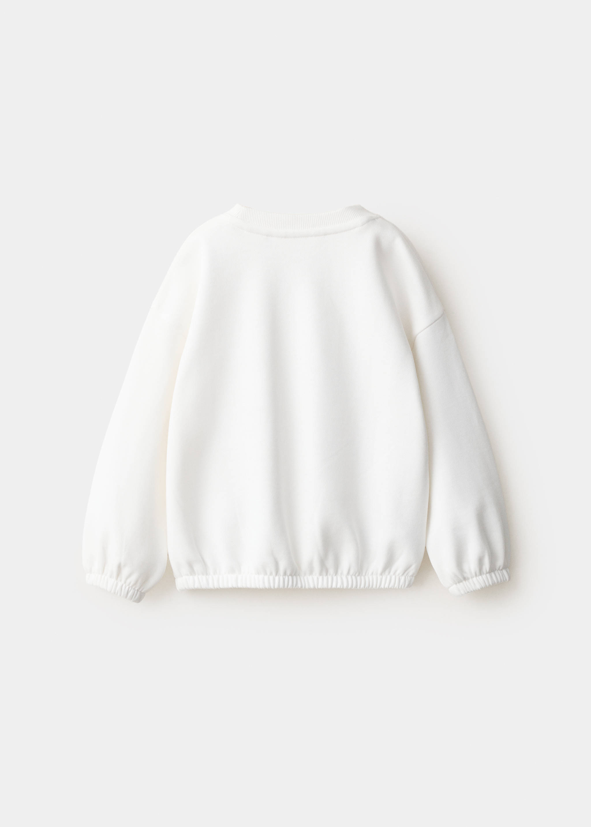 Sudadera blanca de niño, vista trasera, con cuello redondo de canalé y bajo elástico.