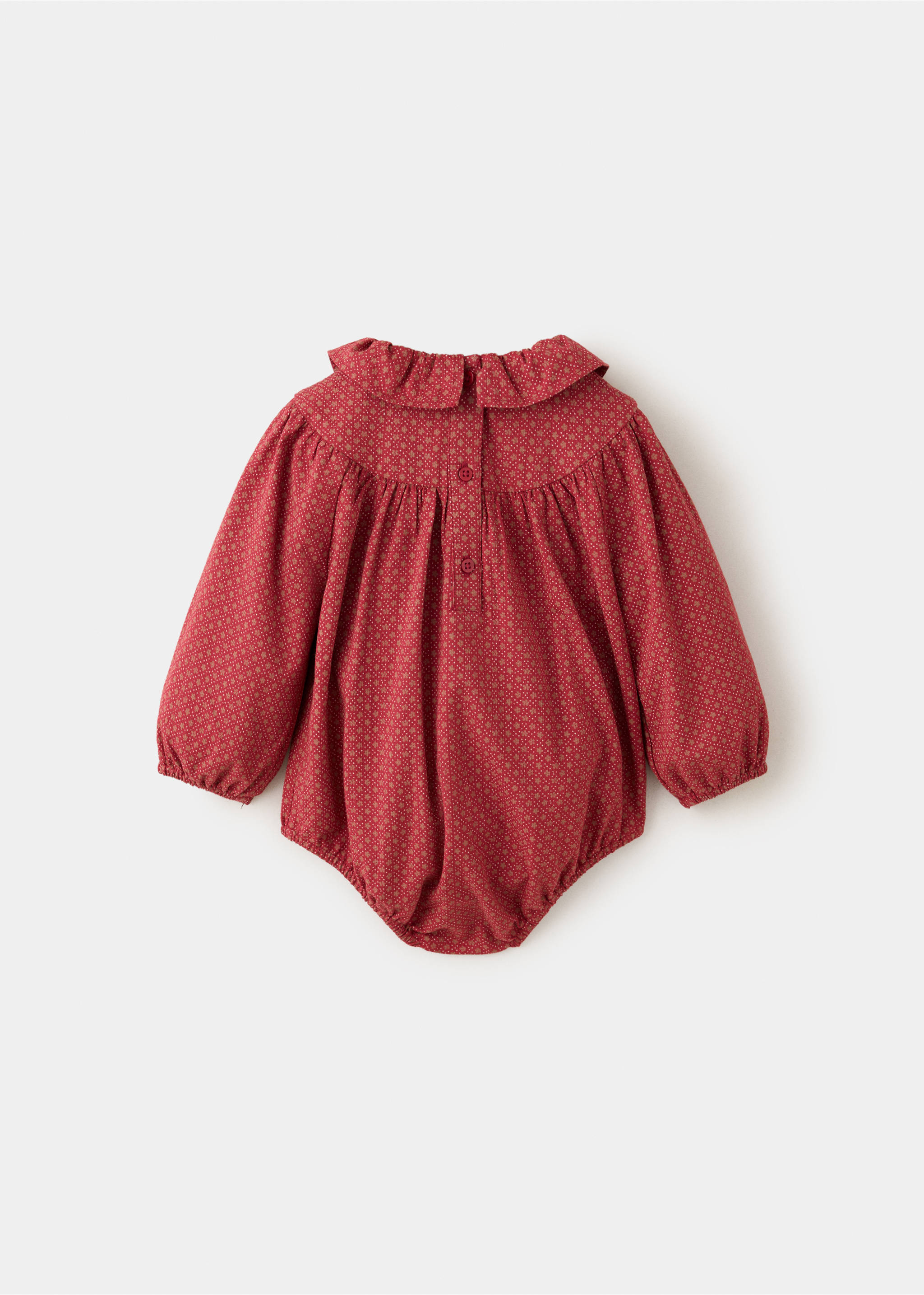 Red geometric print baby romper shown from the back with a ruffled collar., Red. Ref: 37079218-00.