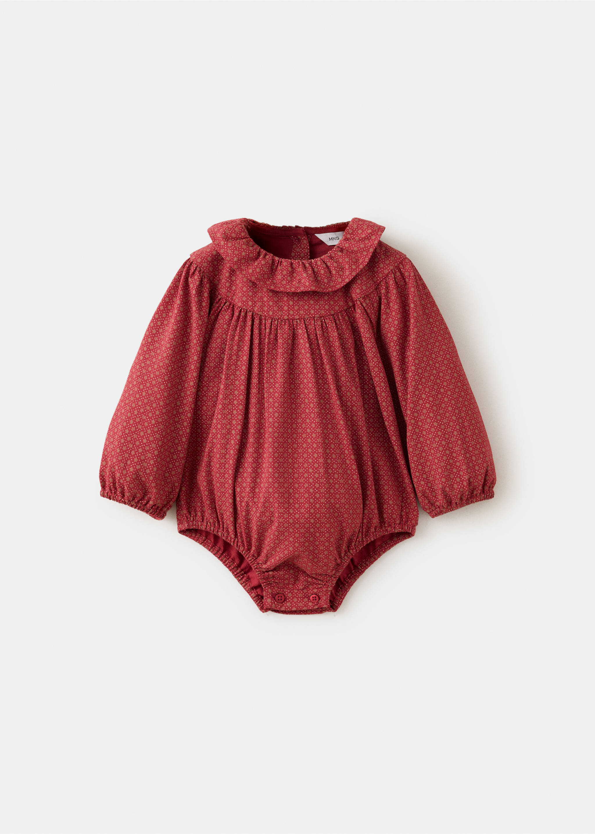 Dark red printed baby romper with long sleeves and a ruffled collar., Red. Ref: 37079218-00.
