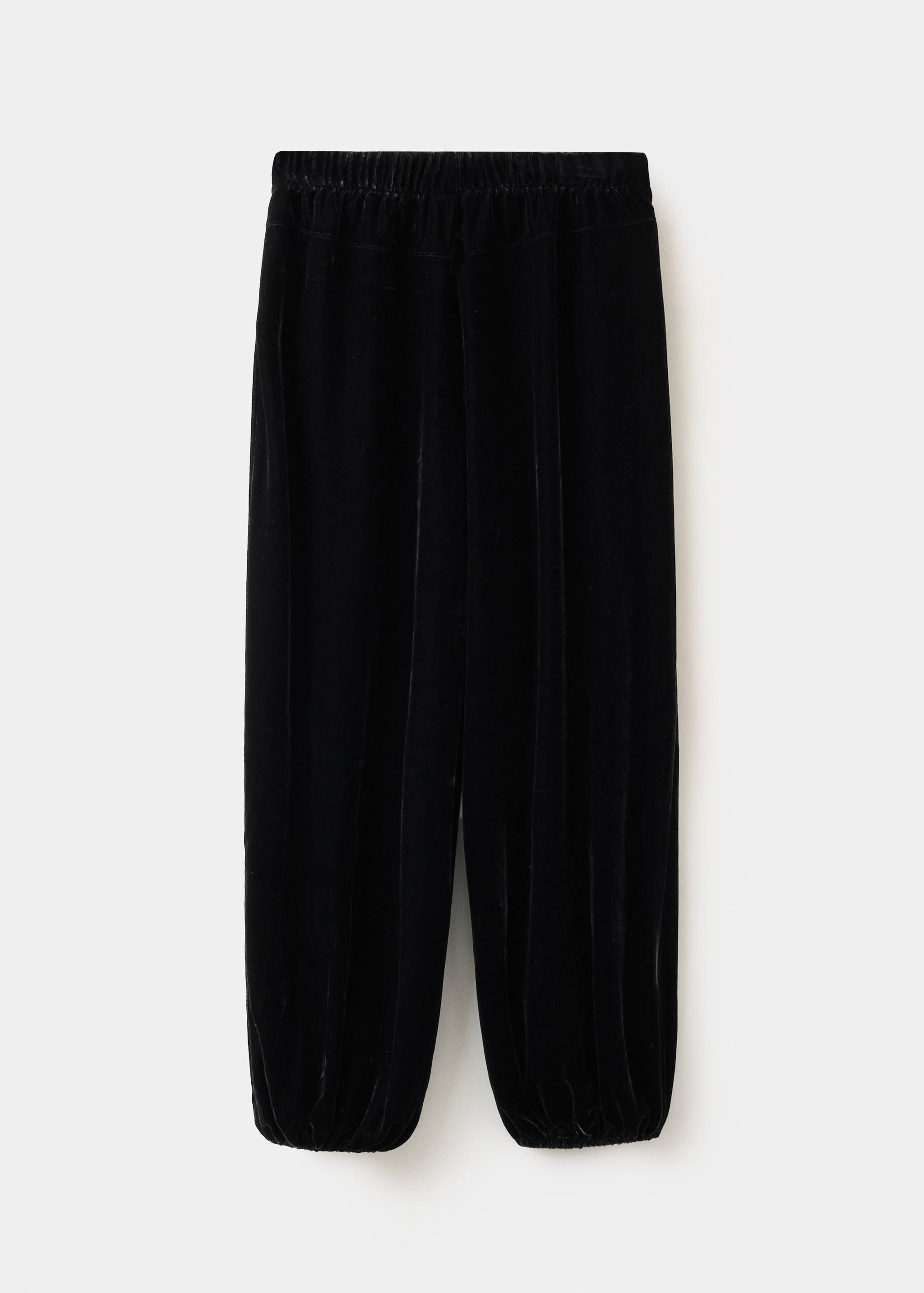 Black velvet trousers shown from the back, featuring an elasticated waist.