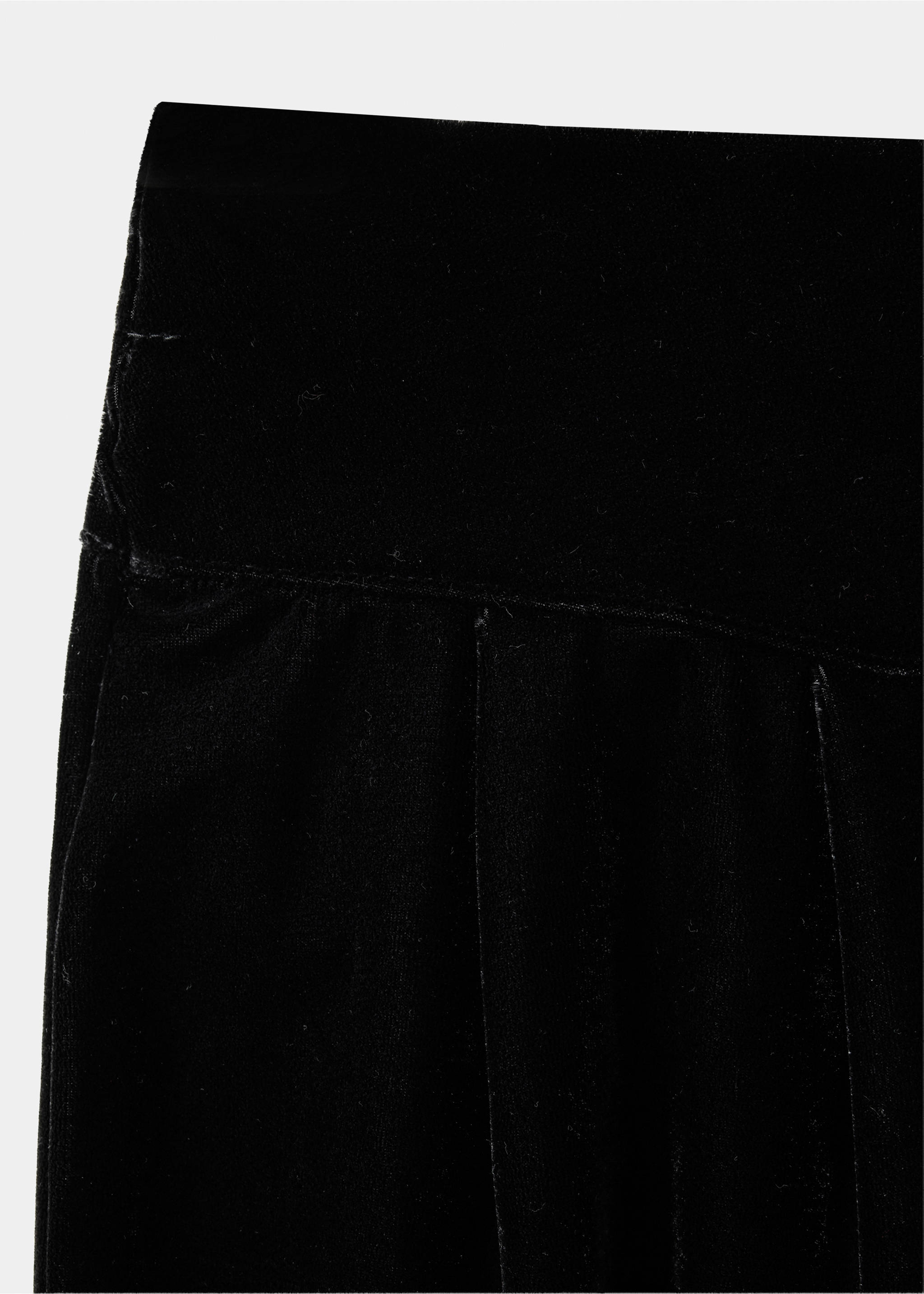 Close-up of black velvet trousers showing the wide waistband., Black. Ref: 37079219-00.