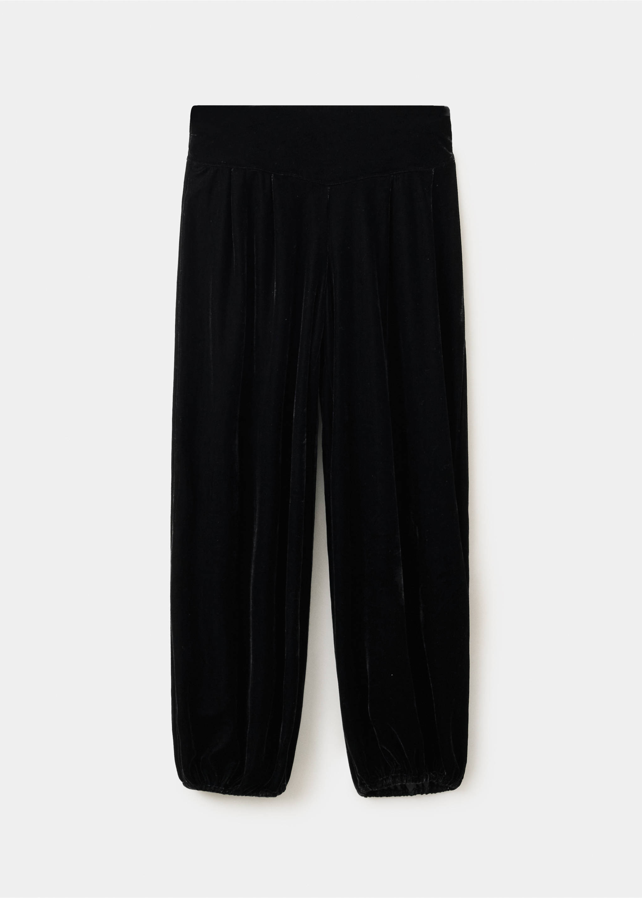 Black velvet kids' trousers with an elasticated waistband and gathered hems., Black. Ref: 37079219-00.