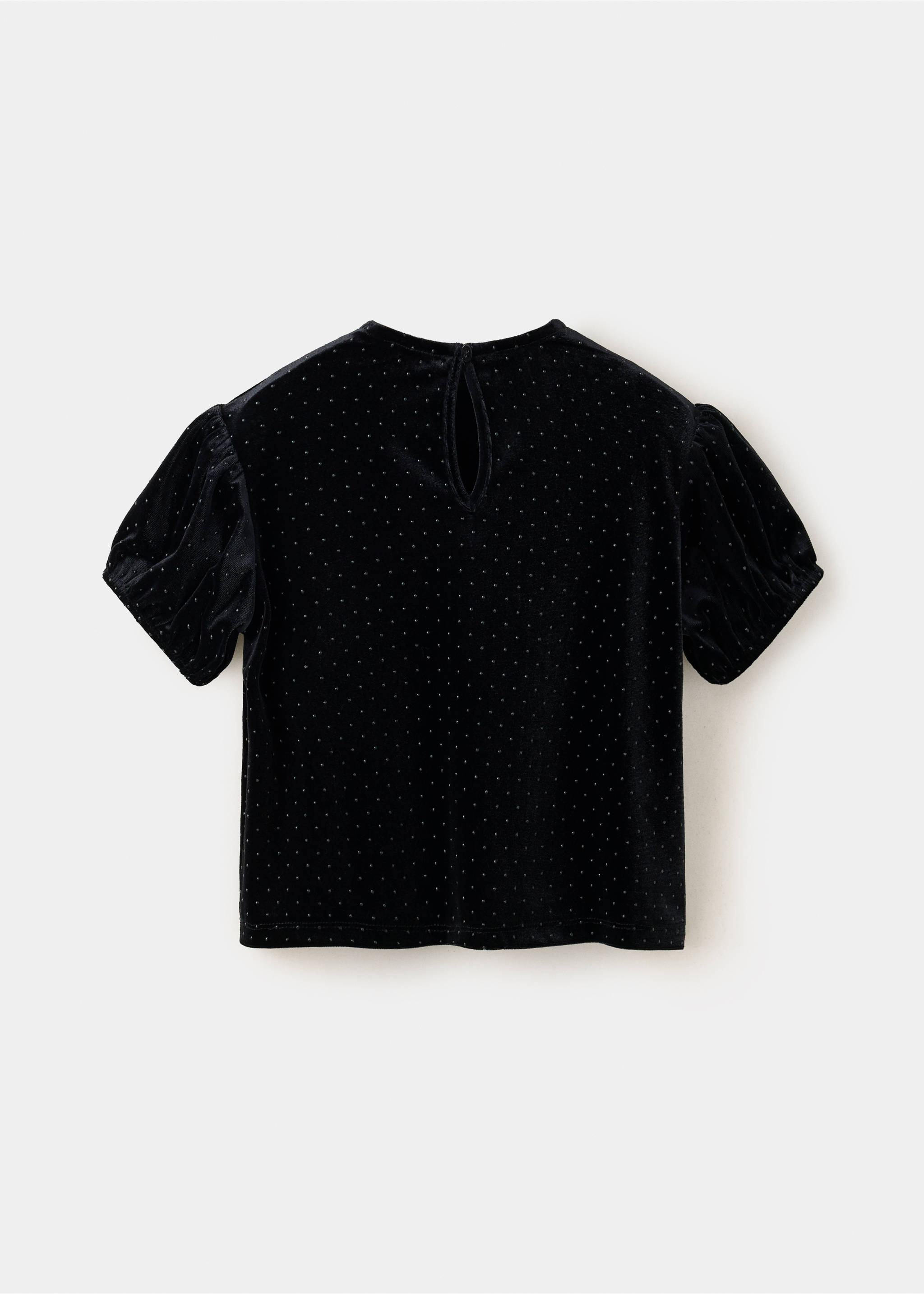 Back view of a black velvet t-shirt with short puff sleeves and shimmering dots., Black. Ref: 37079220-00.