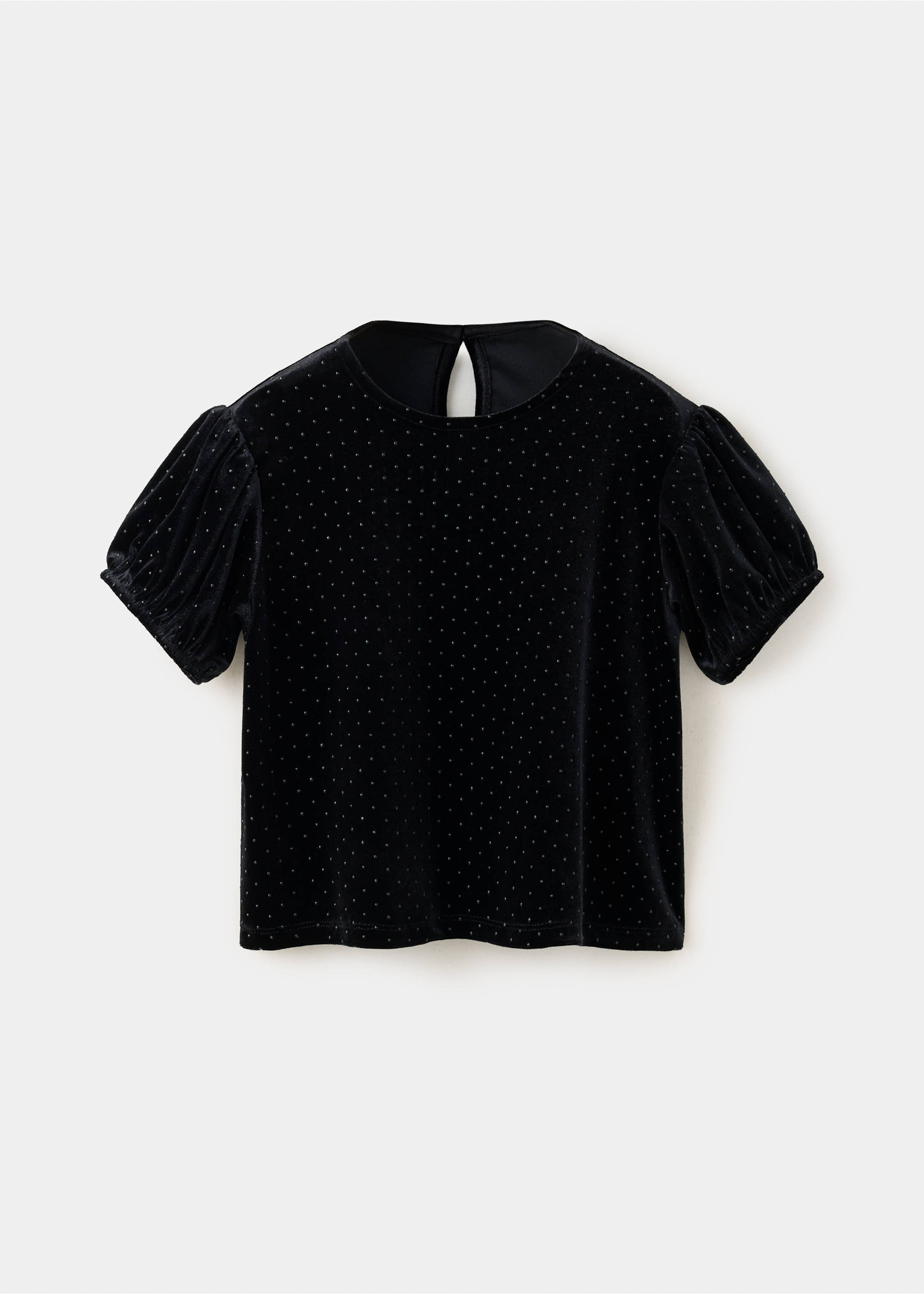 Black velvet t-shirt with short puffed sleeves and sparkling silver dots., Black. Ref: 37079220-00.
