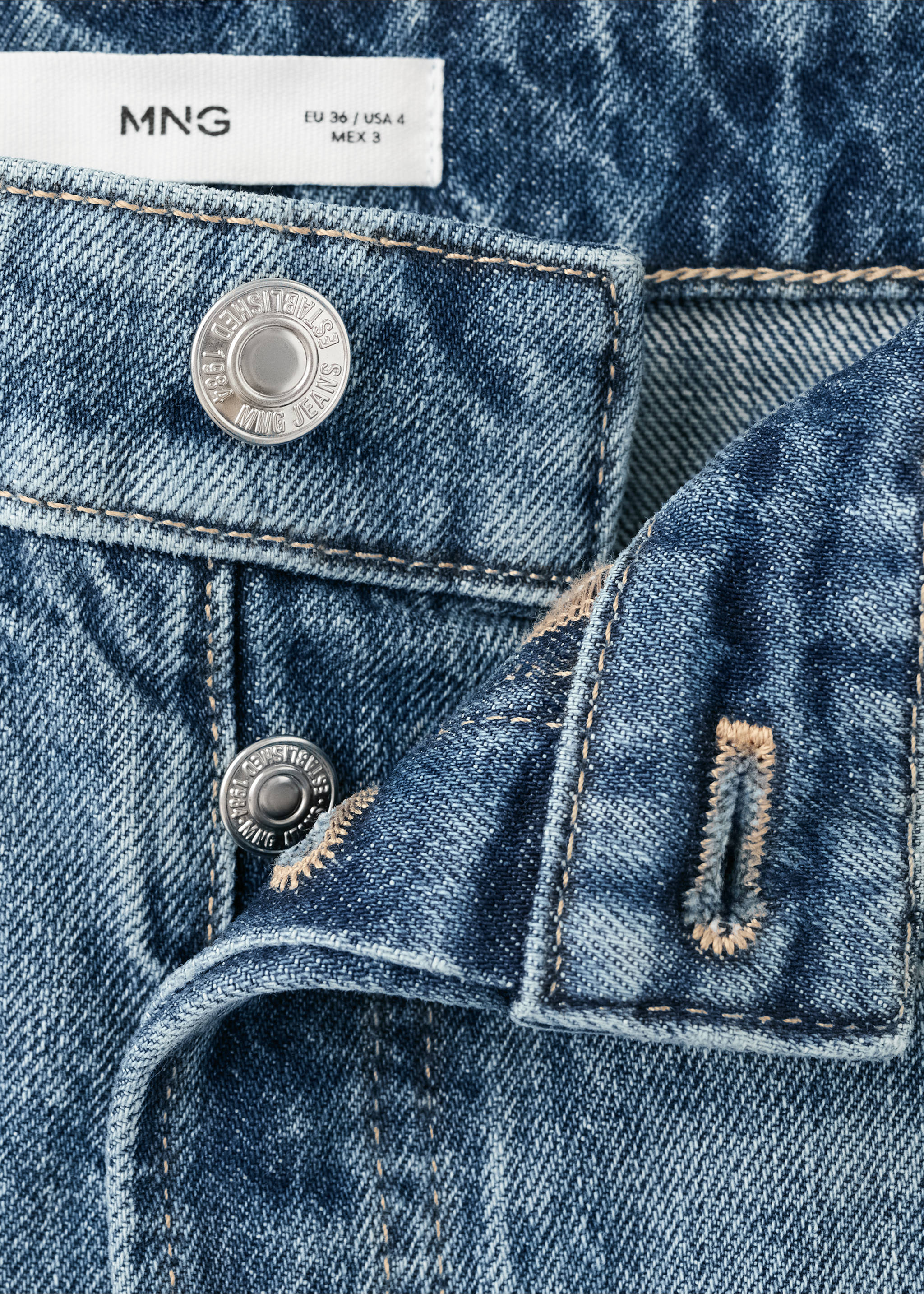 Denim shorts with frayed hem - Details of the article 8, Medium Blue. Ref: 37081328-00.
