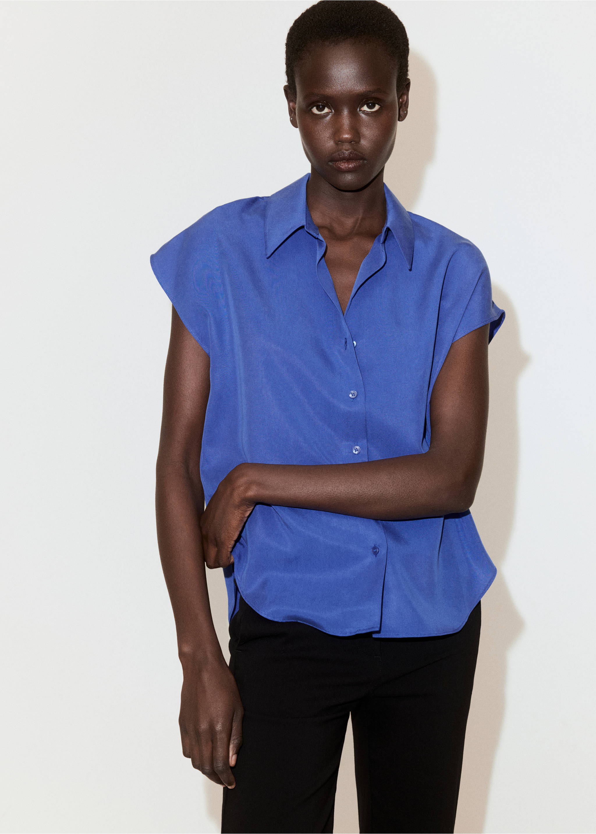 Camisa lyocell manga corta - Plano medio, Azul. Ref: 37081337-00.