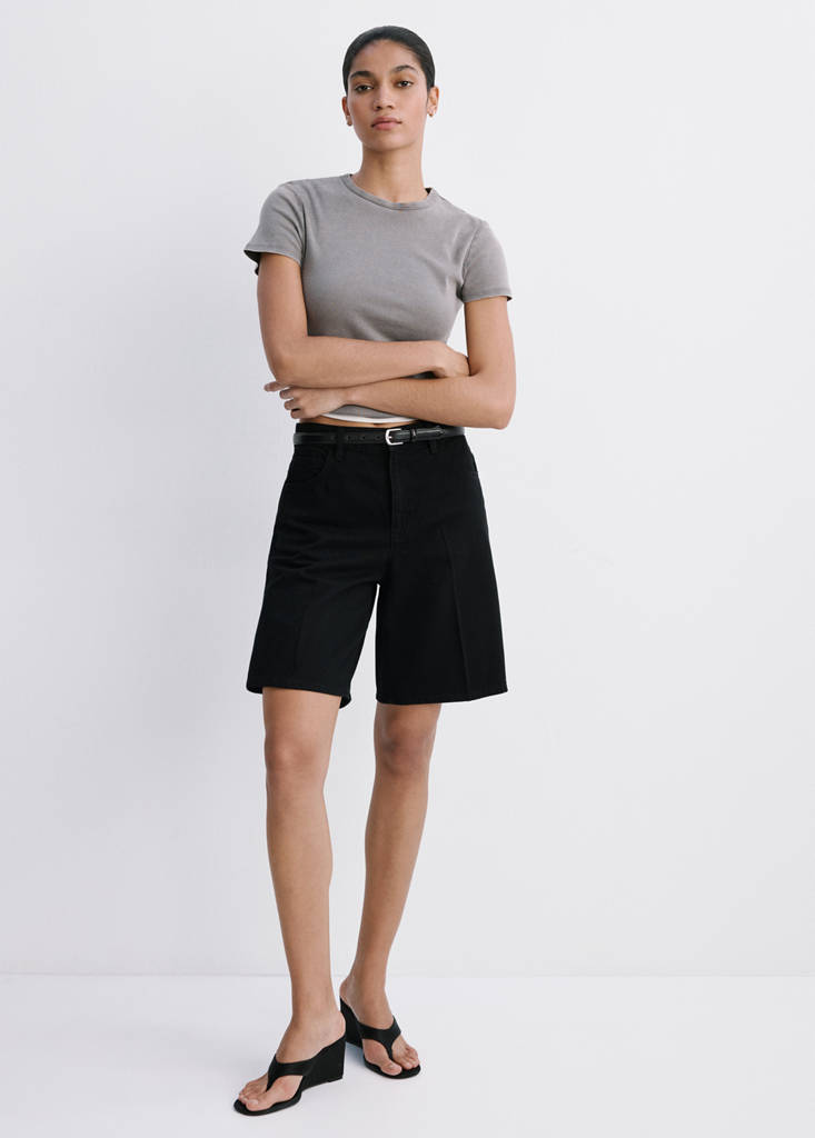 Straight-fit denim bermuda shorts — Black denim