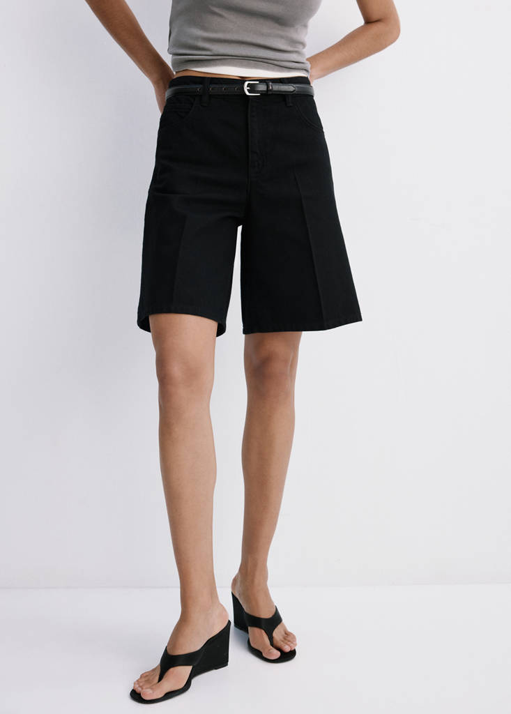 Straight-fit denim bermuda shorts — Black denim