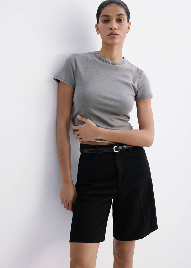 Straight-fit denim bermuda shorts — Black denim