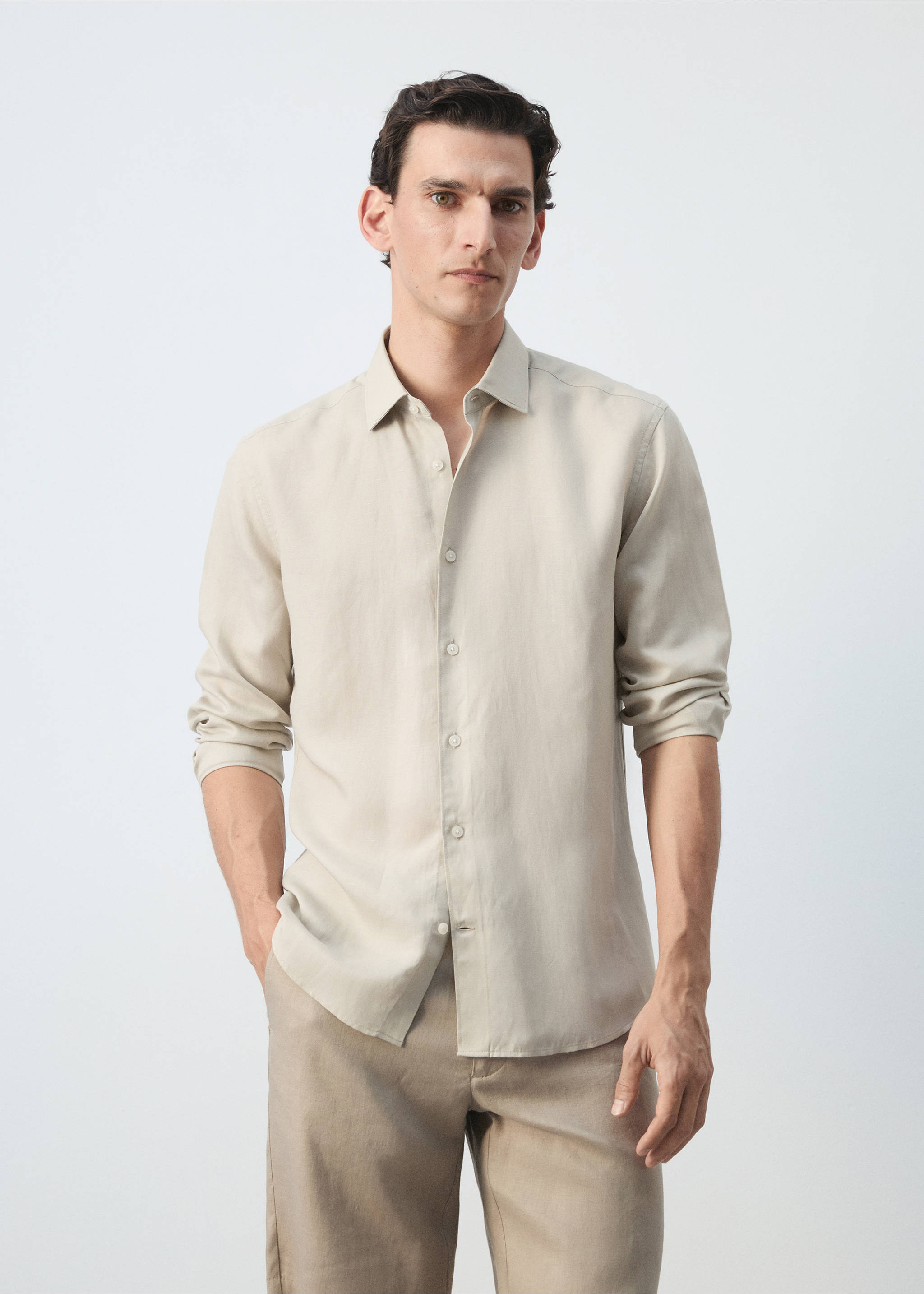 Chemise regular fit lin lyocell - Plan moyen, Sable. Ref: 37081352-00.