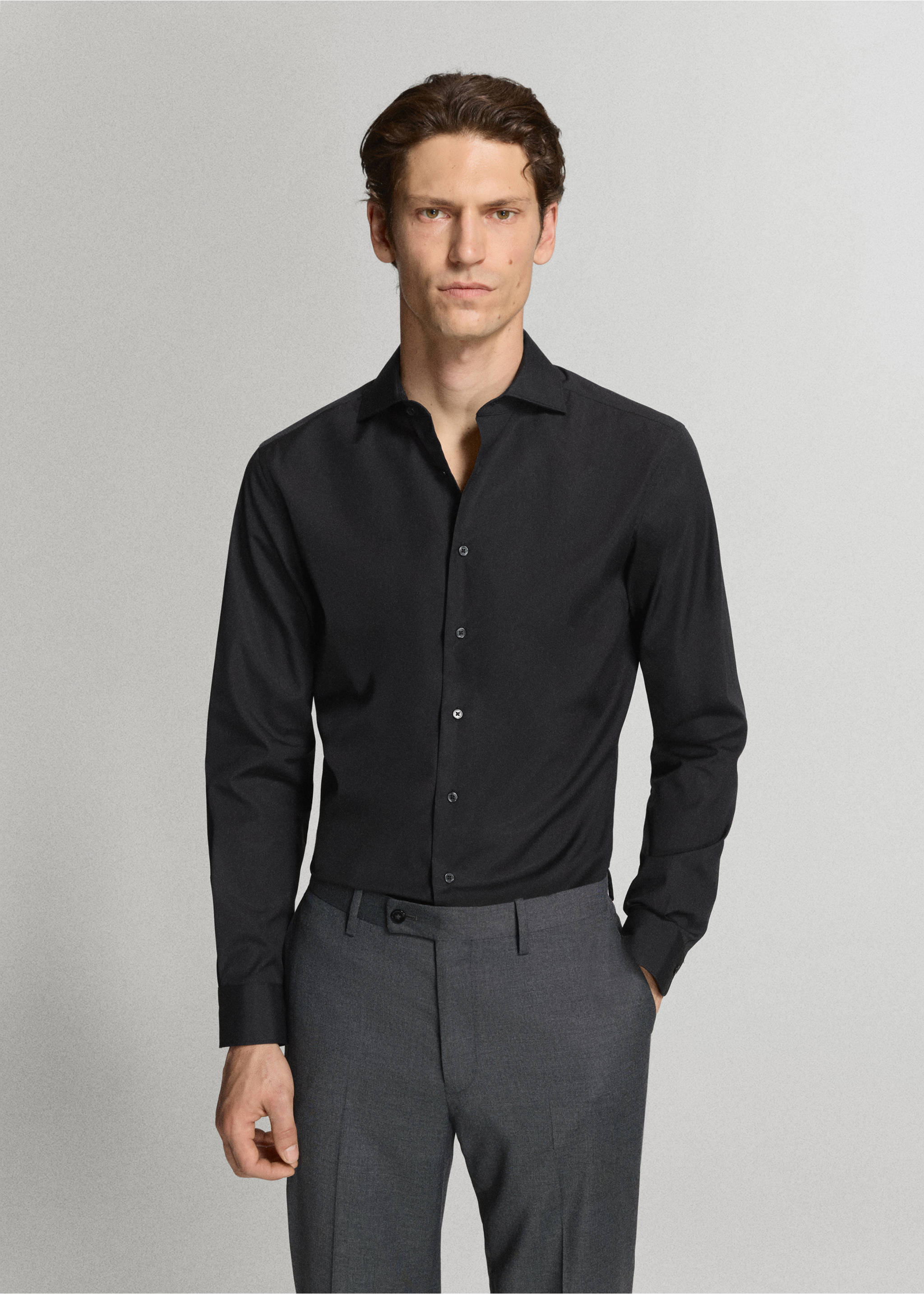 Slim-fit cotton poplin suit shirt - Medium plane, Black. Ref: 37081355-00.