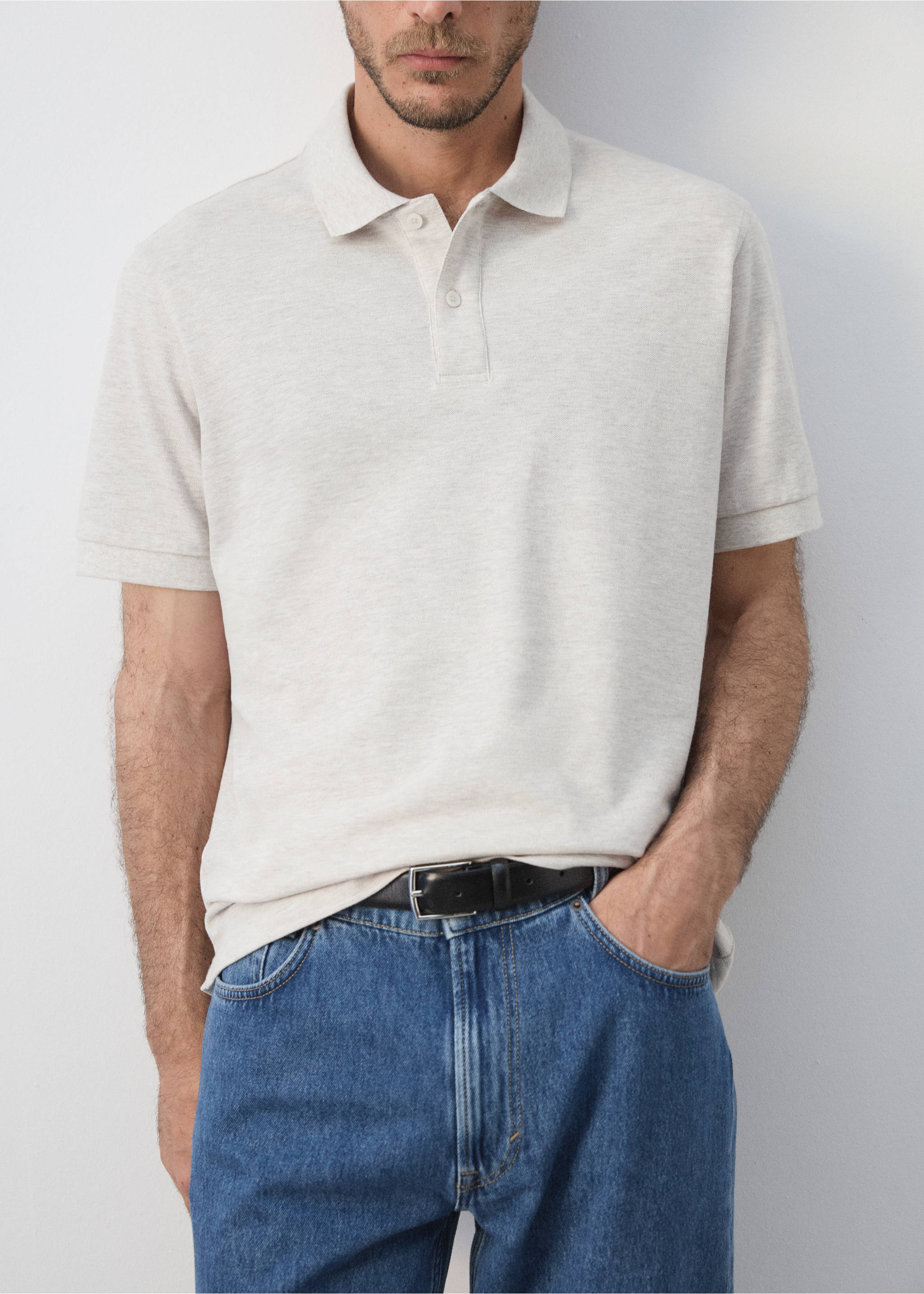 Regular-fit cotton piqué polo shirt - Details of the article 3, Beige. Ref: 37081368-00.
