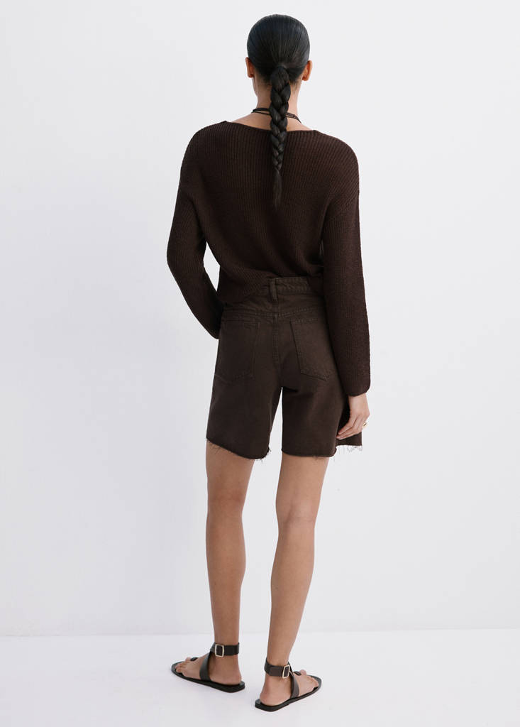 Straight low-rise denim Bermuda shorts — Chocolate