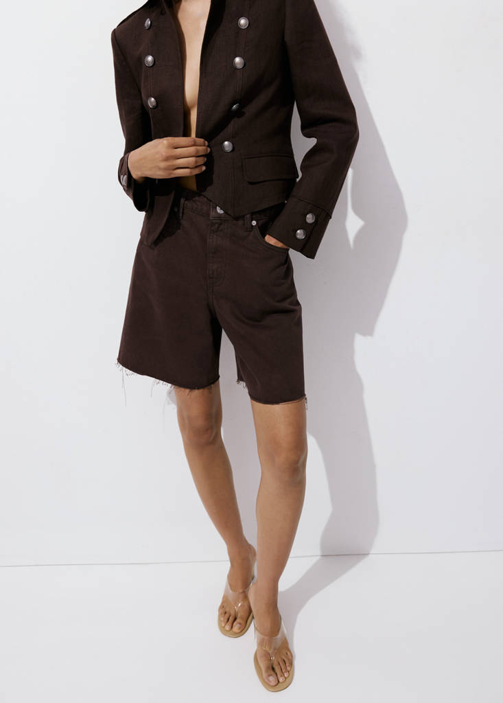 Straight low-rise denim Bermuda shorts — Chocolate