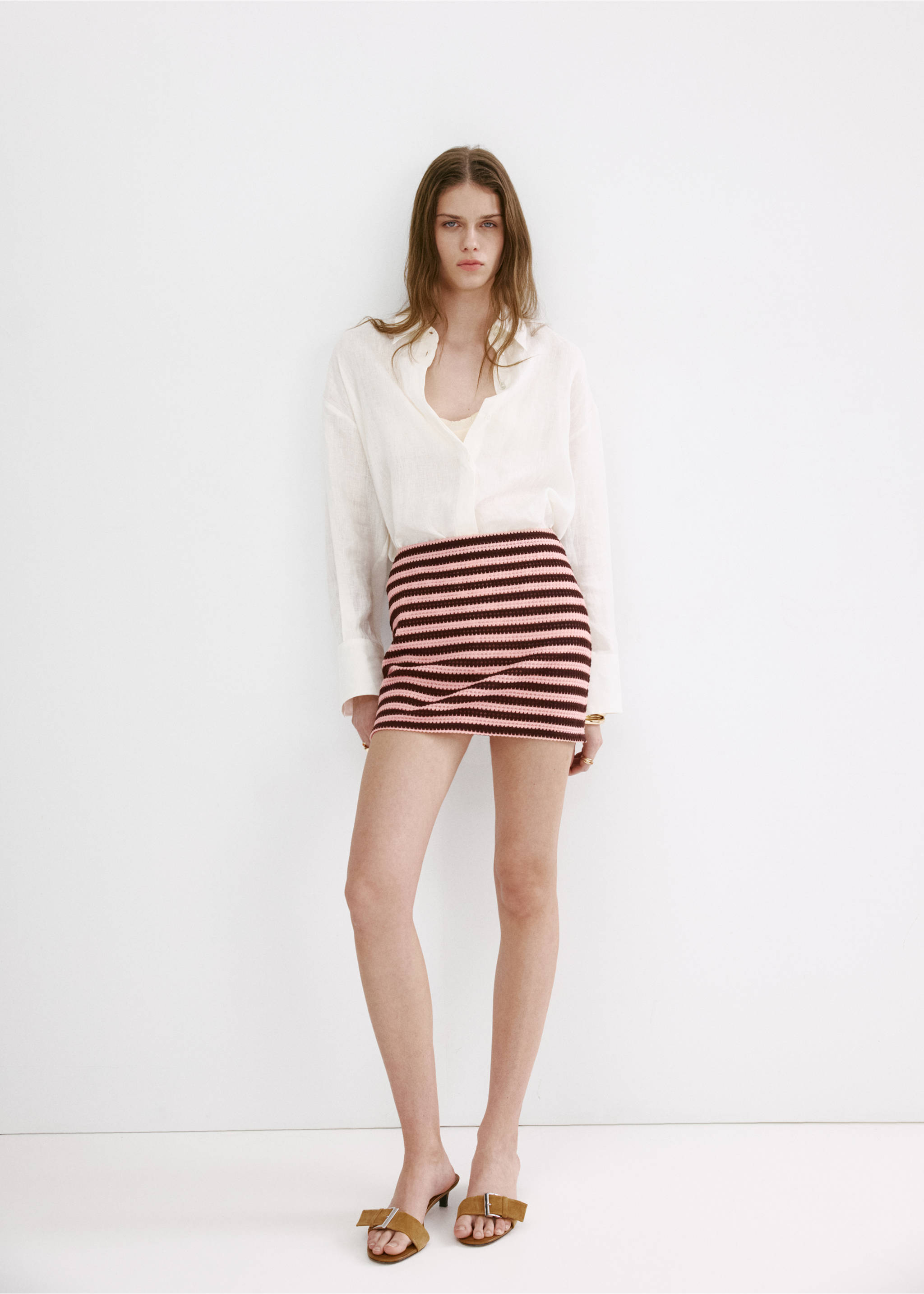 Striped knitted skirt - General plane, Pastel Pink. Ref: 37081371-00.