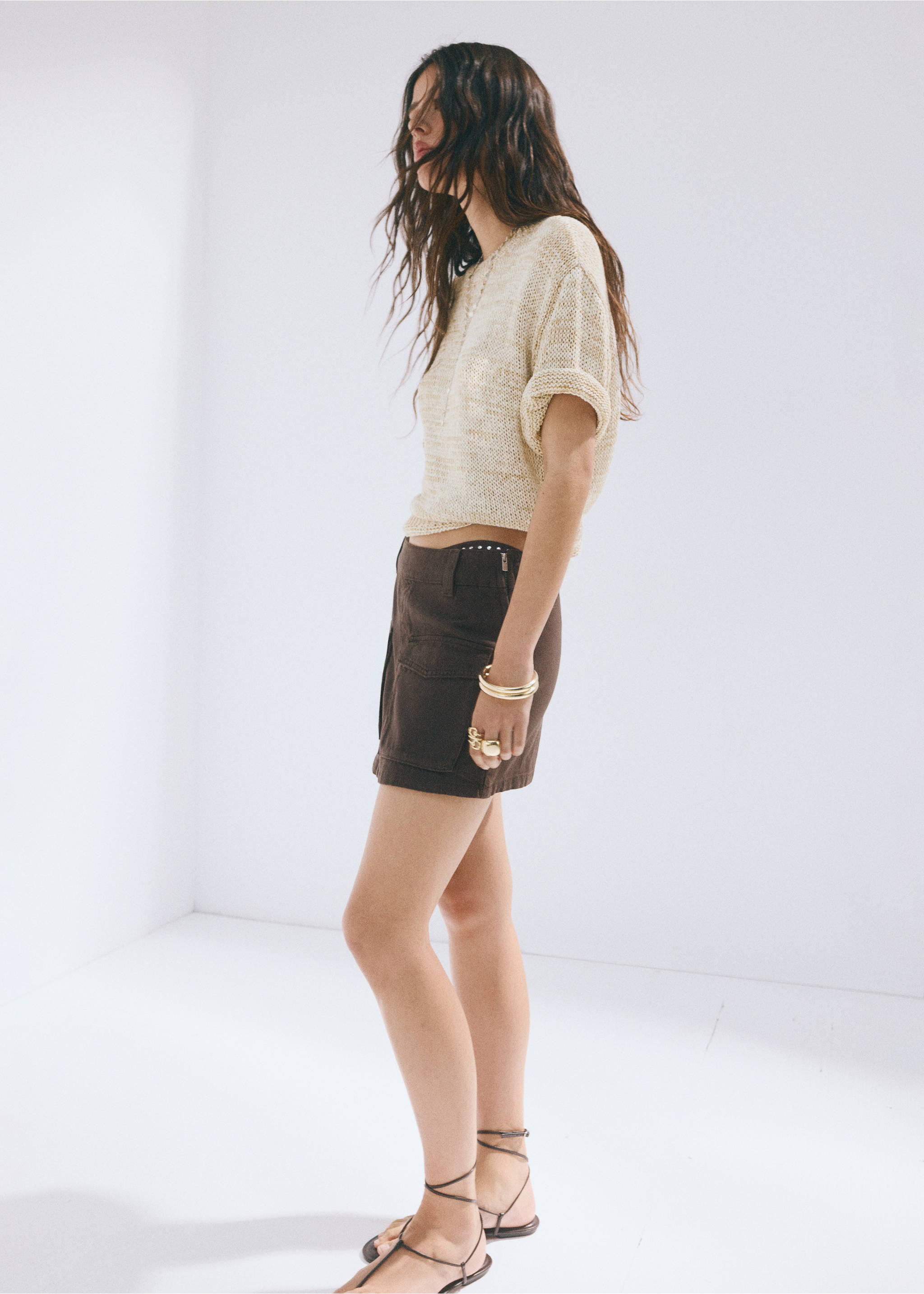 Short-sleeve marl knit jumper - General plane, Beige. Ref: 37081372-00.