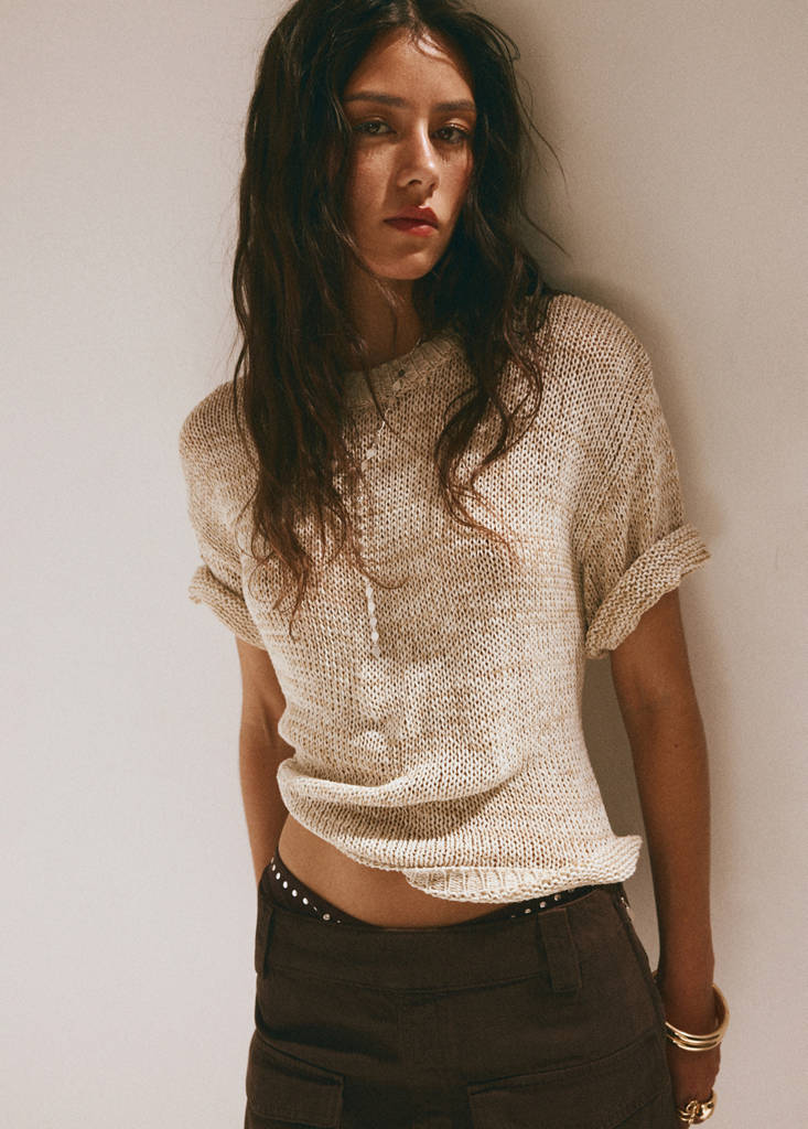 Short-sleeve marl knit jumper — Beige
