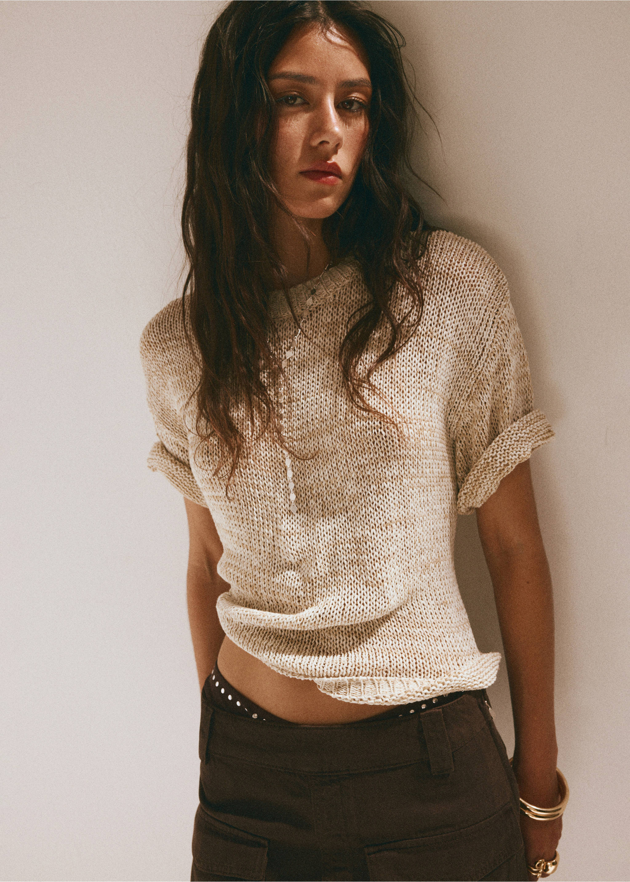 Short-sleeve marl knit jumper - Medium plane, Beige. Ref: 37081372-00.