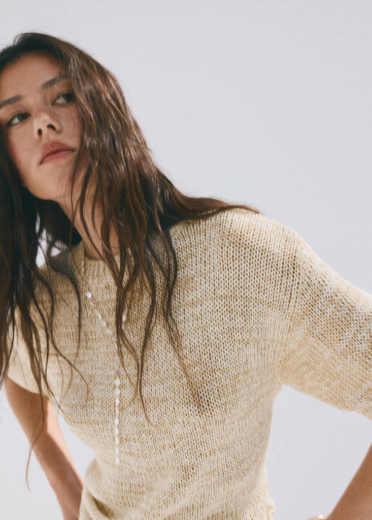 Short-sleeve marl knit jumper — Beige