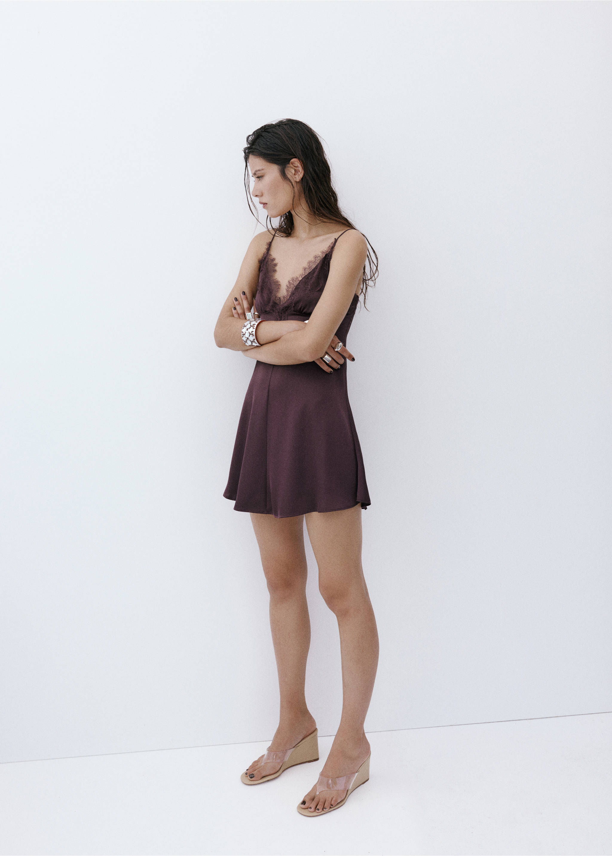 Satin lace dress - General plane, Lilac. Ref: 37081373-00.