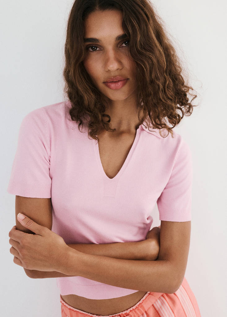 Fitted fine-knit polo — Pink