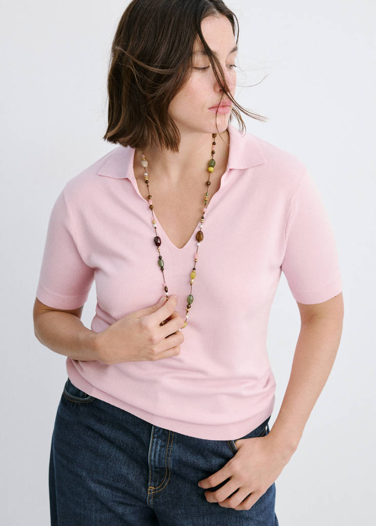Fitted fine-knit polo — Pink
