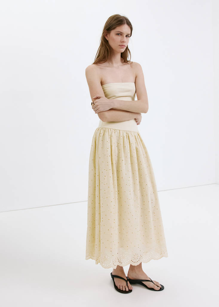 Strapless dress with broderie anglaise embroidery — Sand