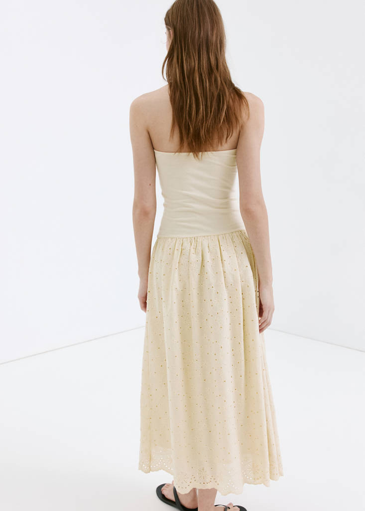 Strapless dress with broderie anglaise embroidery — Sand